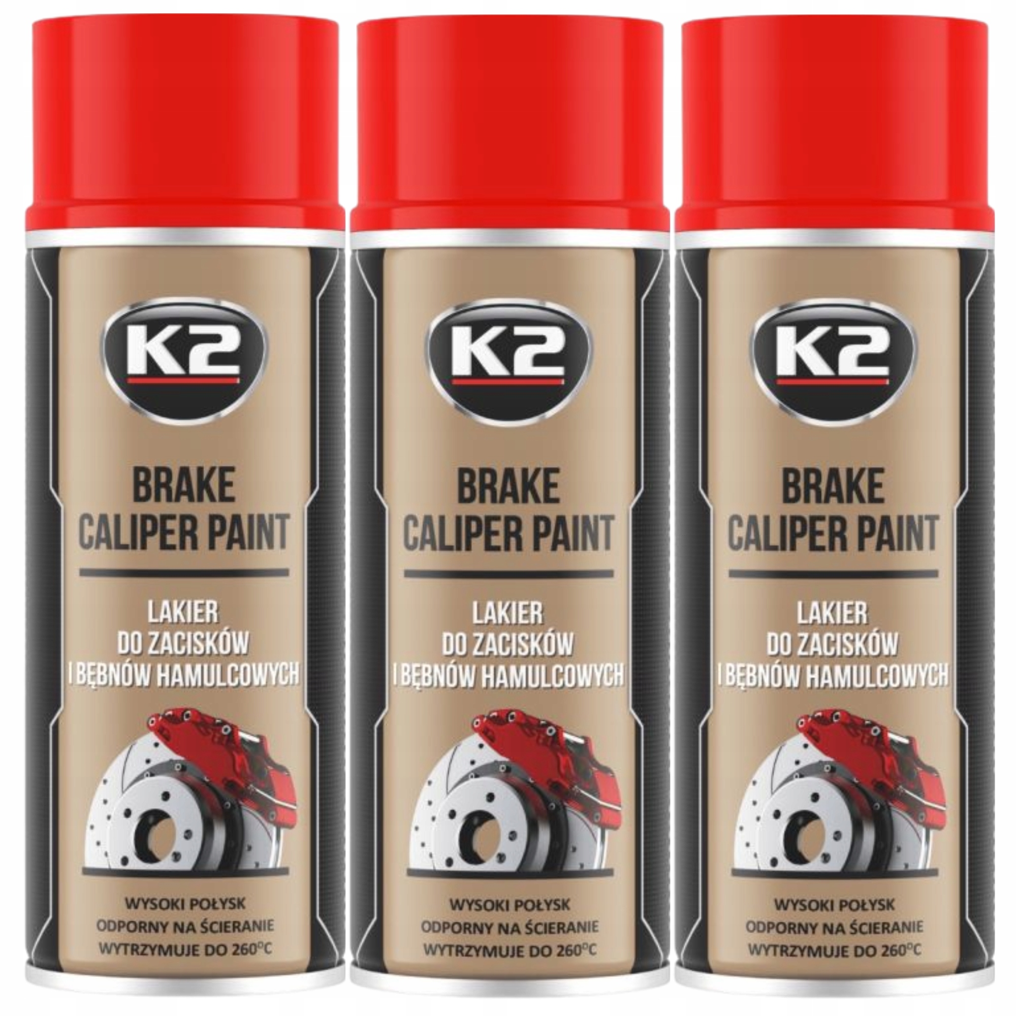 Farba do zacisków hamulcowych lakier spray czerwony K2 Brake Paint 400ml x3