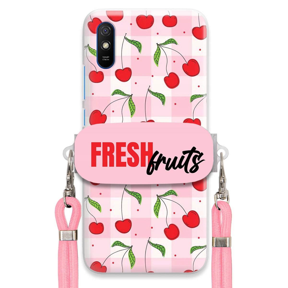 Puzdro pre Xiaomi Redmi 9AT Case Držiak šnúrok Ružový Fresh Fruits Mriežka