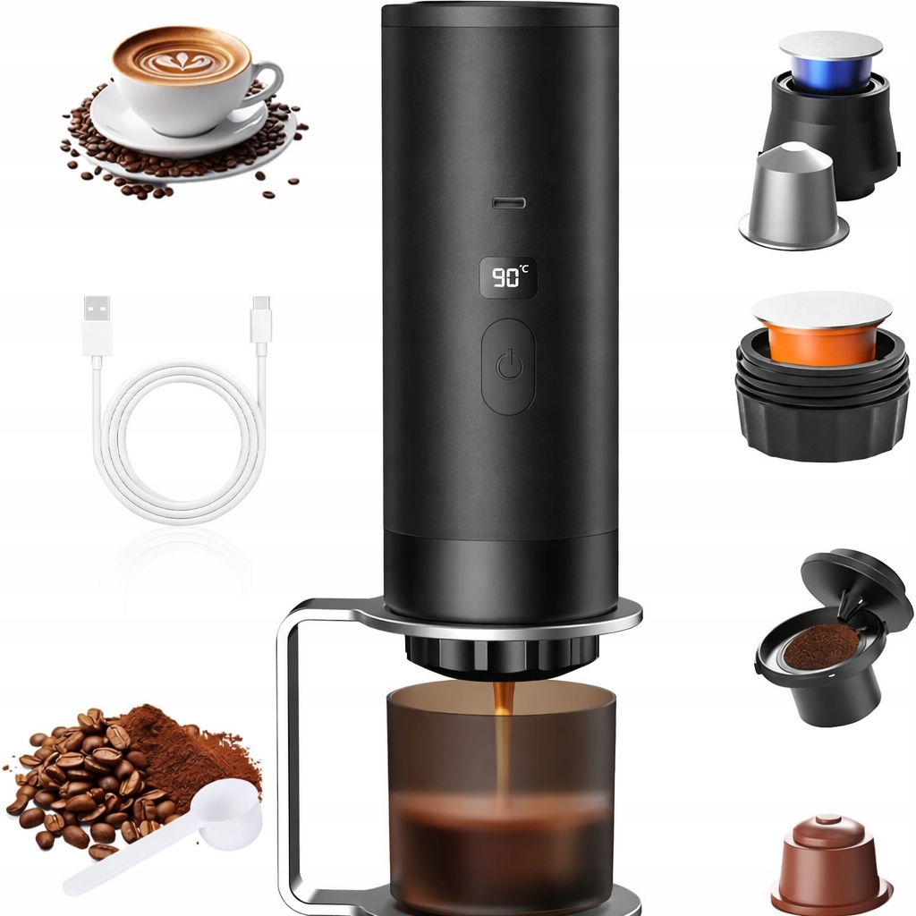 Bezprzewodowy Ekspres Przenośny 3w1 Kapsułki Kawa Mielona Usb-c Czarny