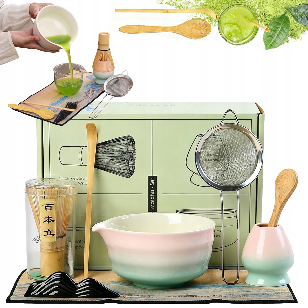 Zestaw do robienia Matchy, Japońska Herbata Matcha 8W1 Różowy Ceramiczny