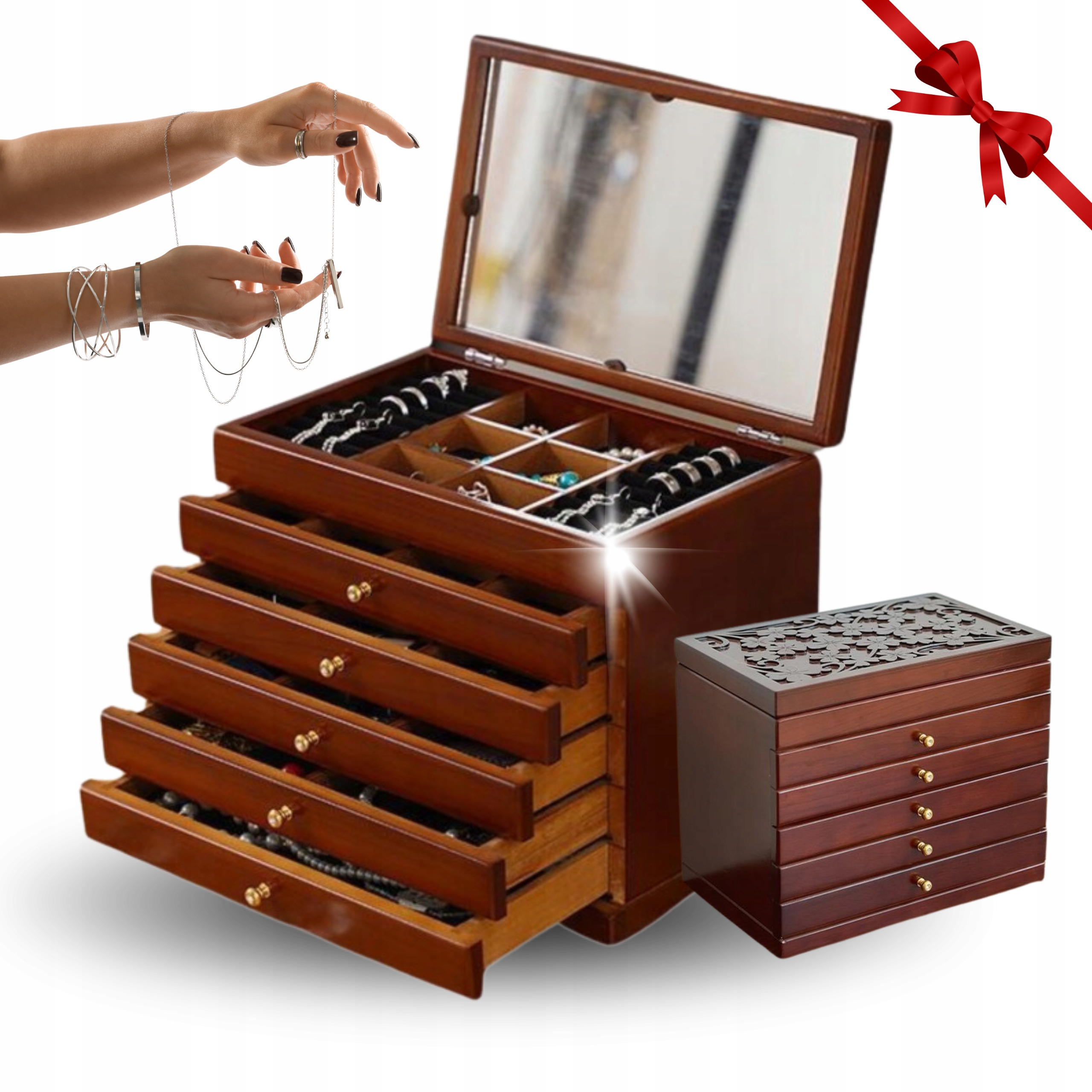 Krabička Kufřík Organizér Na Šperky Dřevěný Hnědý Se Zrcátkem Box