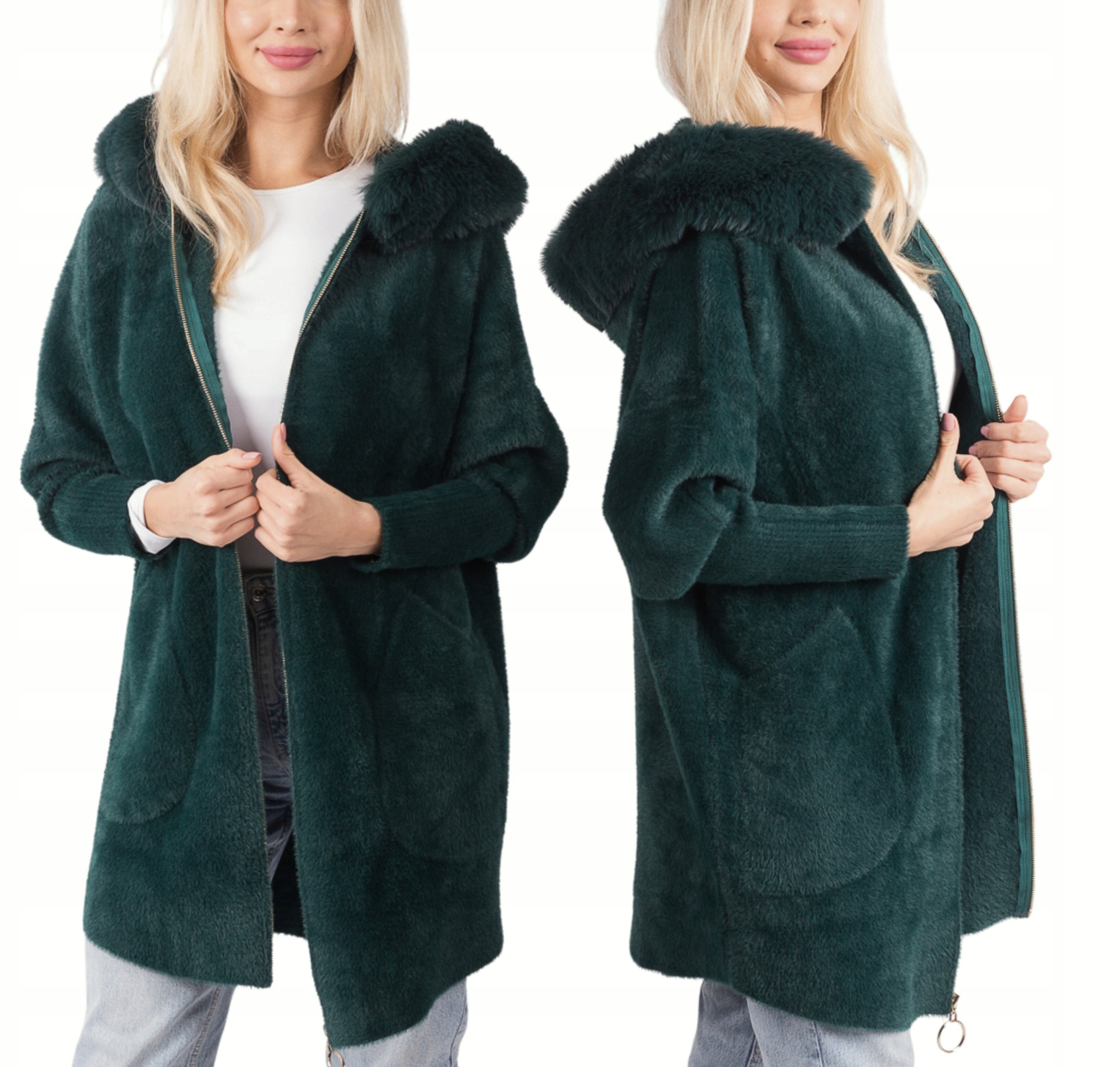 Alpaka Dámský Zimní Kabát S Dlouhou Kapuce Zip Vlna Kožíšek Zeleň