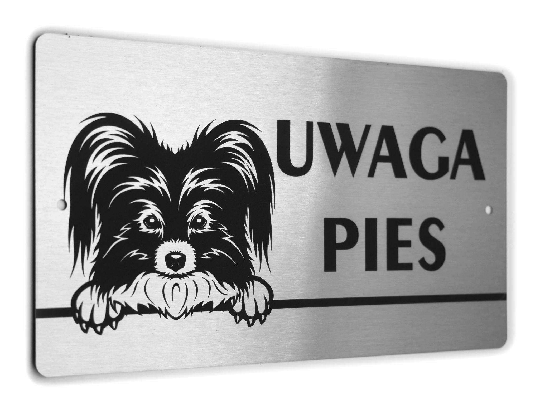 Tabliczka INOX - UWAGA PIES - Papillon