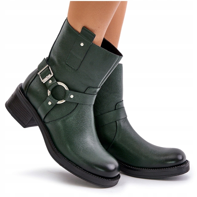 Dámské Kotníkové Boty Nízký Podpatek Přírodní Zateplená Kůže Zazoo 60480 Zelená 38