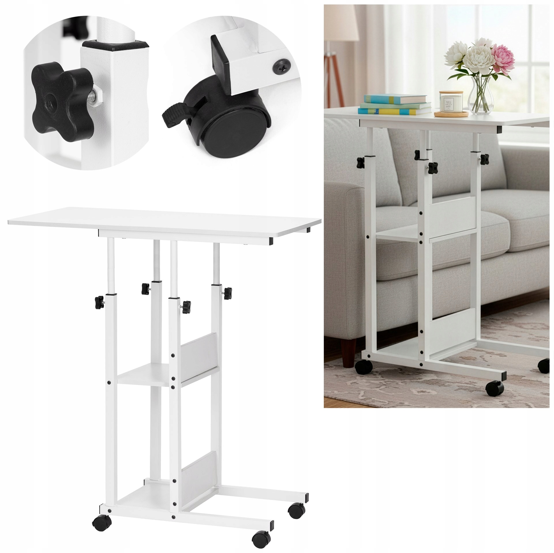 Przyłóżkowe Biurko Stolik Boczny Mobilne 76-86cm Kawowy Pod Laptopa Kółkach