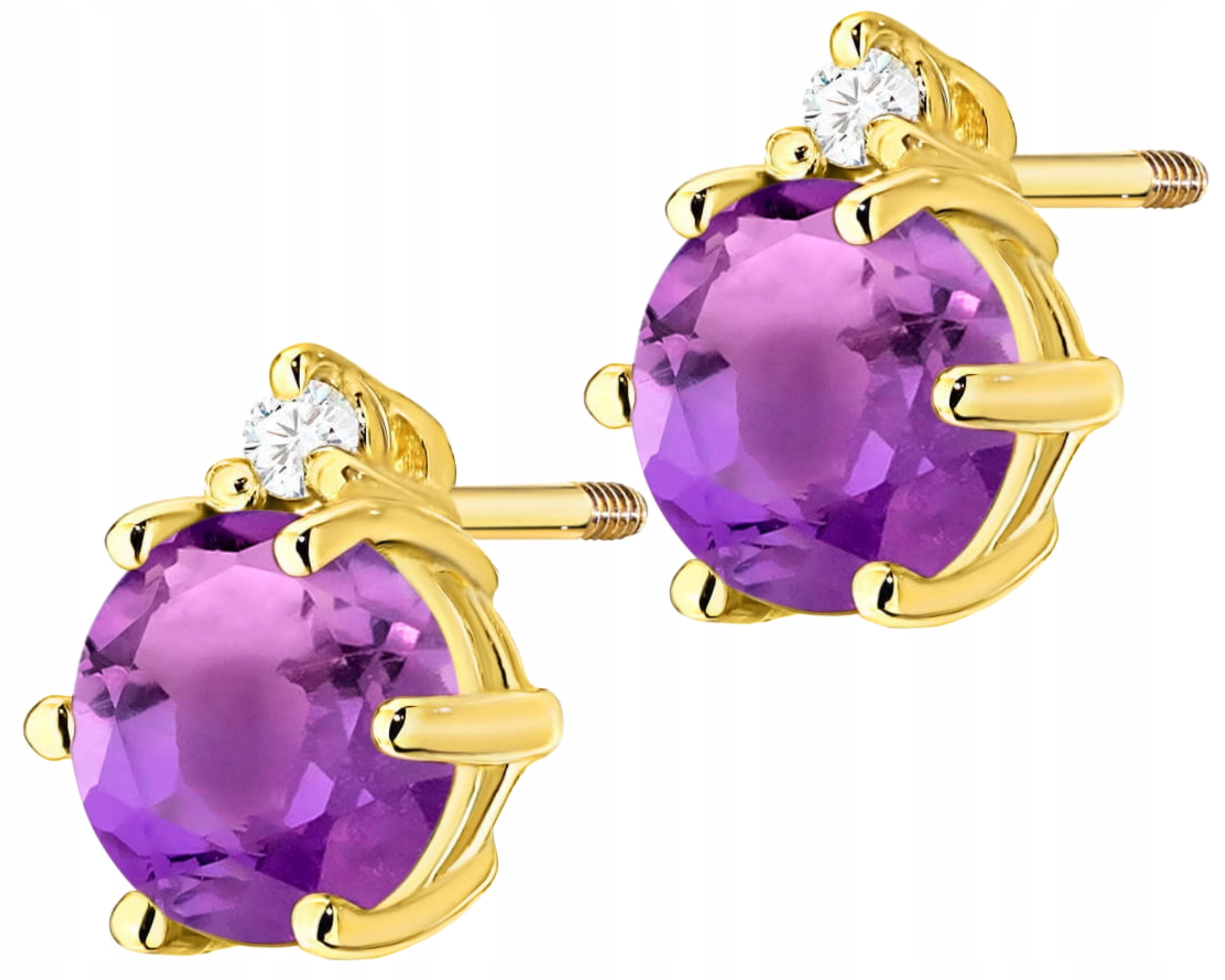 Zlaté Náušnice Přírodní Kámen Ametyst A Diamanty Šroubovací Tyčinka Gravírování