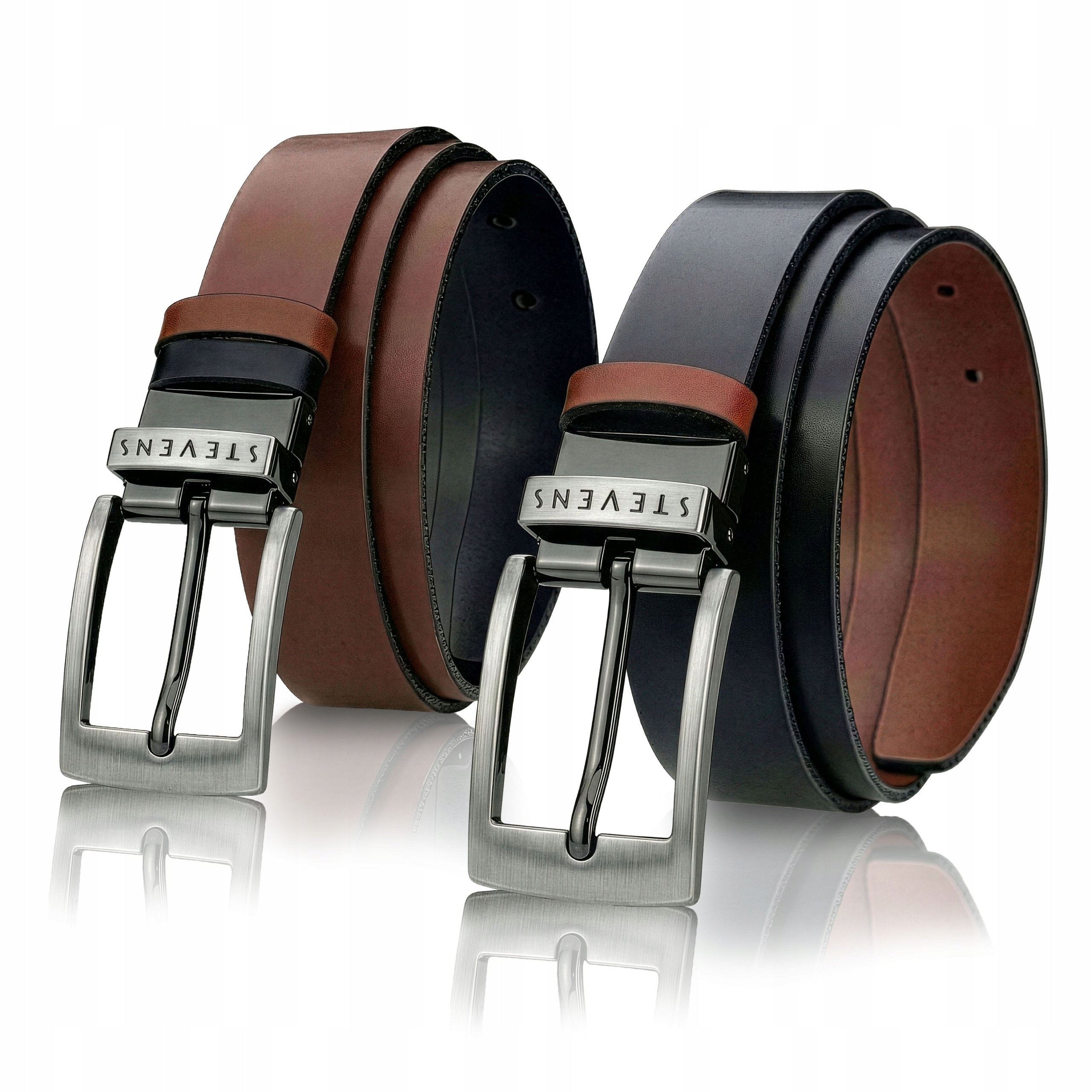 Wytrzymały Pasek Męski Skórzany Dwustronny 2w1 Klamra Obrotowa 90cm