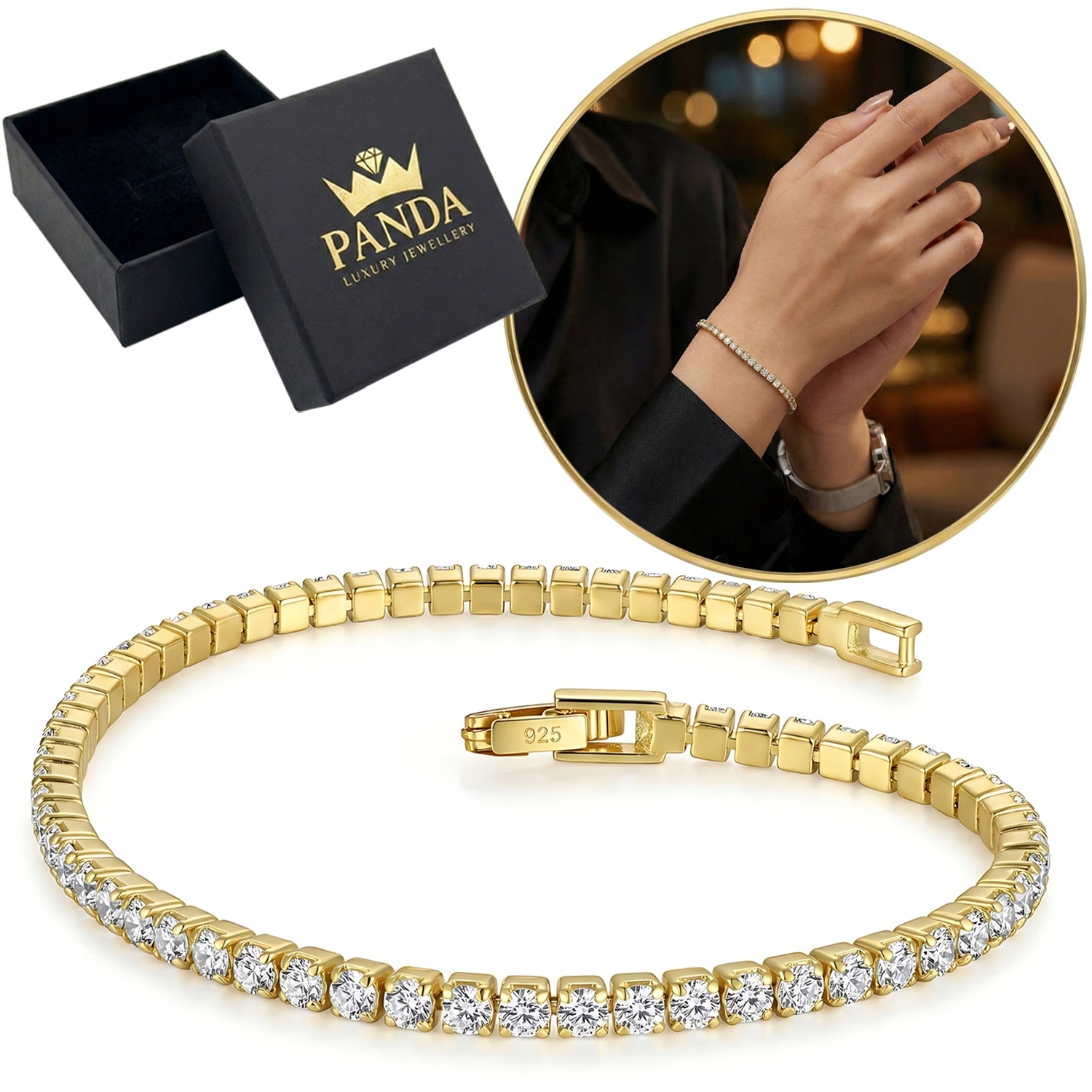 Tenisový náramek Zlatý Zirkony Stříbro 925 17 cm Dámský Módní Dárek