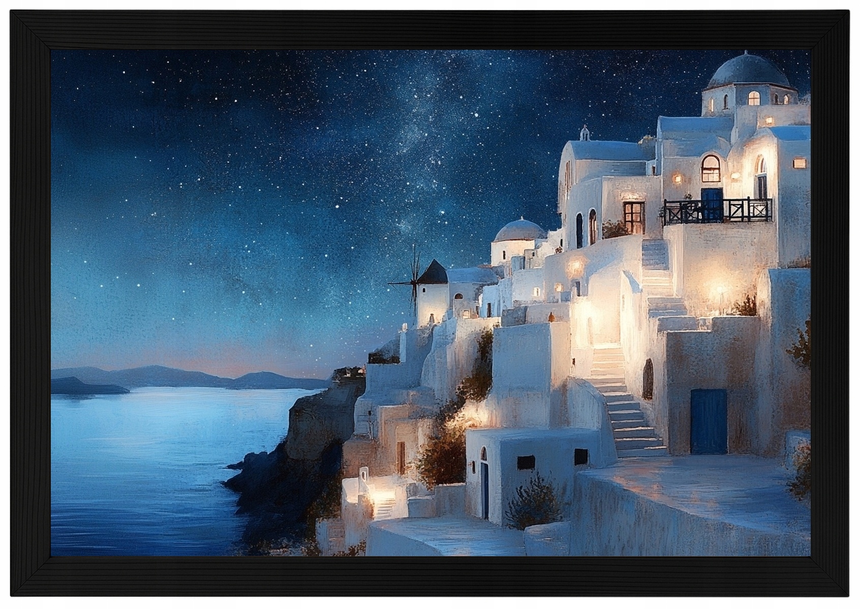 Rám Rámeček Dřevěná Plakát Řecko Ostrov Santorini Město Noc 60x40