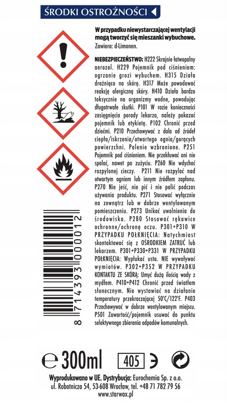 Starwax ROZPUSZCZALNIK I ODPLAMIACZ 300ML EAN (GTIN) 8714393000012