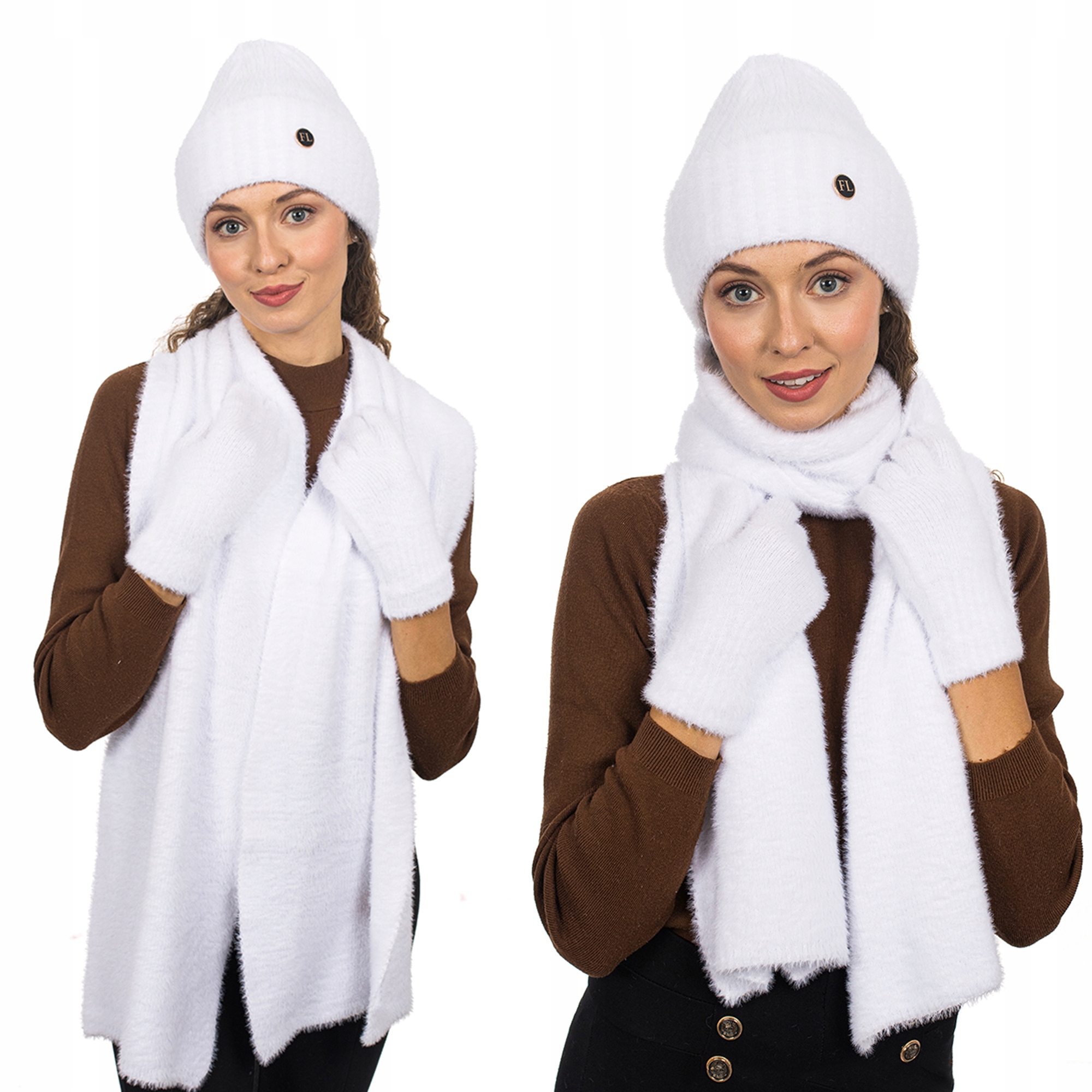 Bílá Sada Čepice, Šála a Rukavice 3v1 Zimní Teplá Alpaka