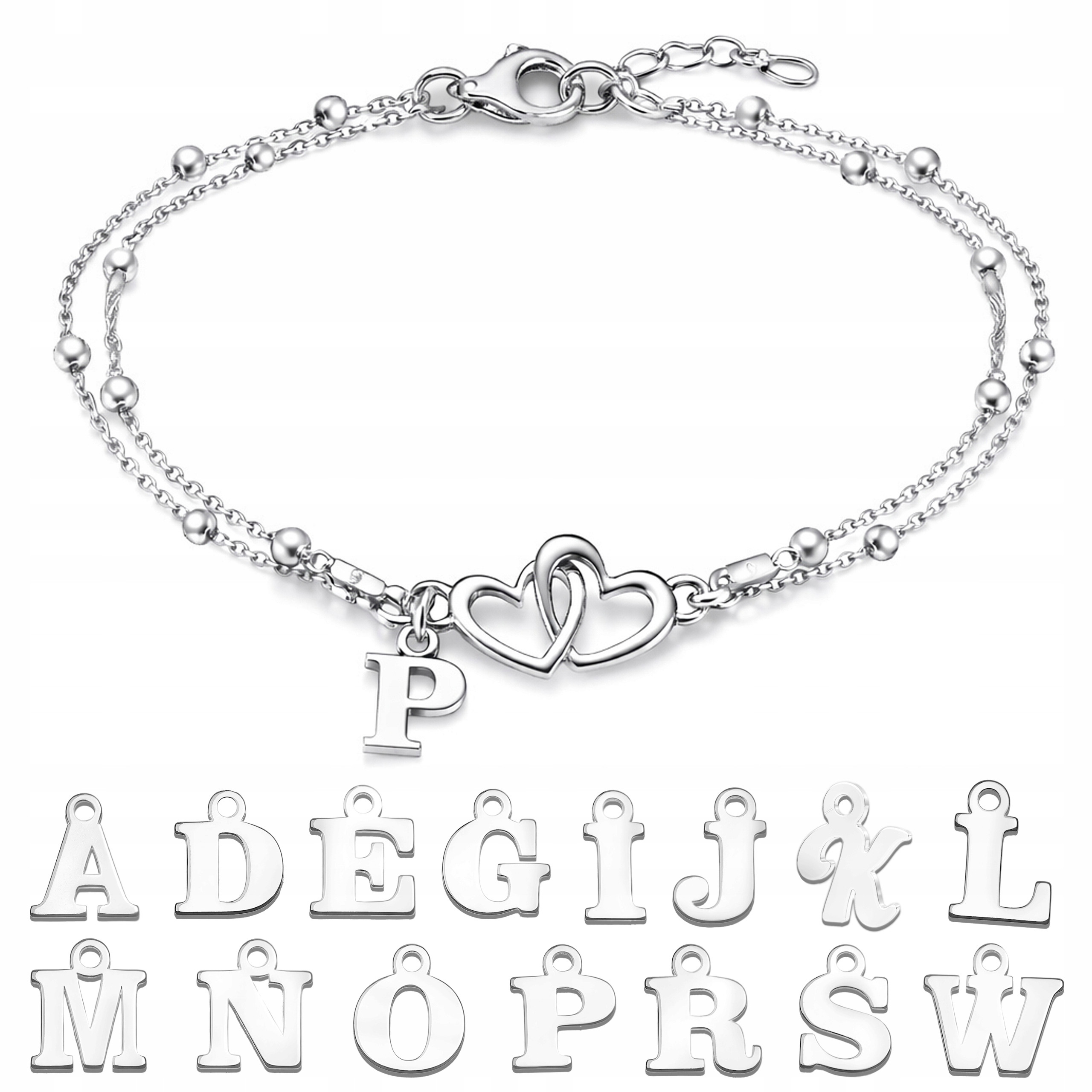 Bransoletka Srebrna Personalizowana z Literą Litery Ankier Serca Srebro 925