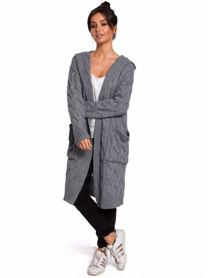 

Eu L/XL BK033 Długi kardigan z warkoczem - szary E