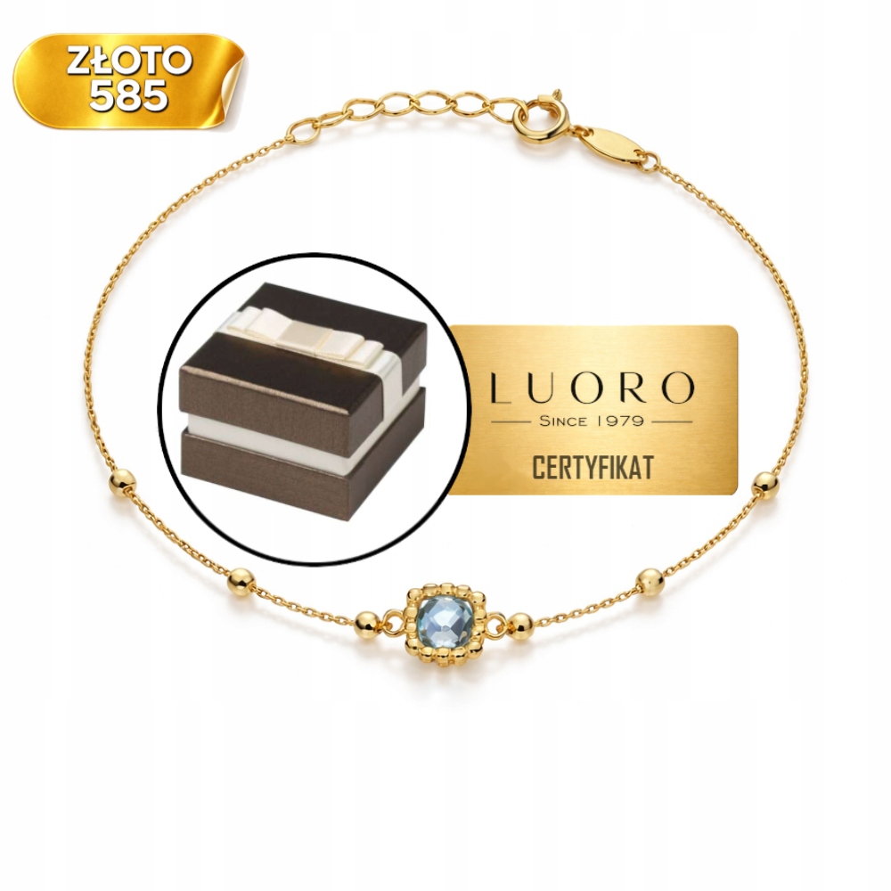 Náramek Zlatý 585 14K Diamantové Kuličky Modrý Kámen 17 CM Regulovatelný