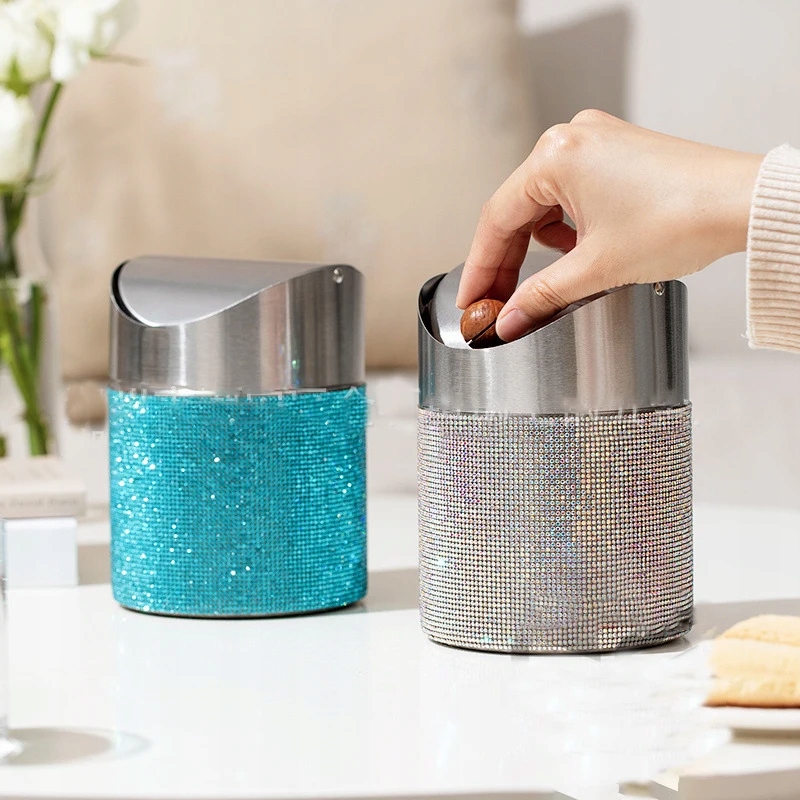 Bling Rhinestone Desktop Snack Trash Can Diamond Metal Swing Mini Trash Marka inny