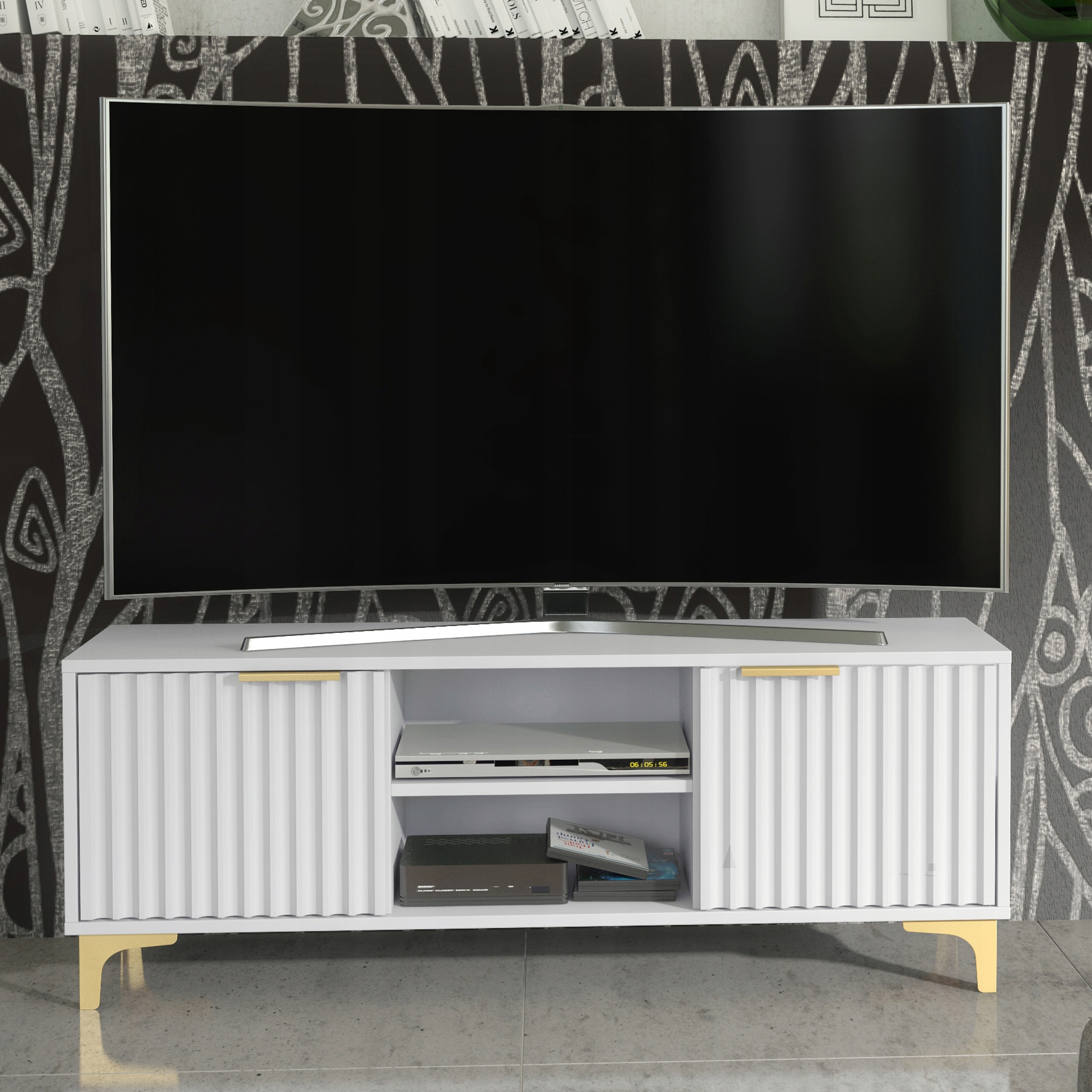 SZAFKA RTV TV 120CM DO SALONU RYFOLWANE FRONTY BIAŁY MAT ZŁOTE NOGI LFT001D Marka EFS