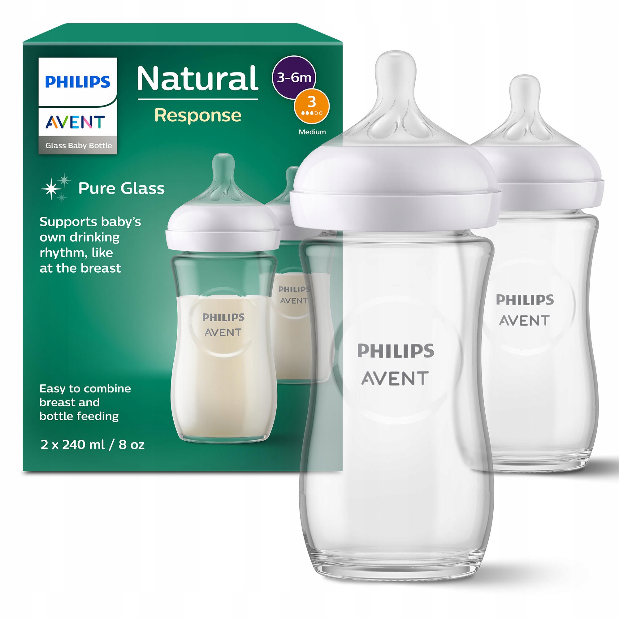 PHILIPS AVENT 2x SZKLANA BUTELKA DO KARMIENIA NATURAL RESPONSE 3-6M
