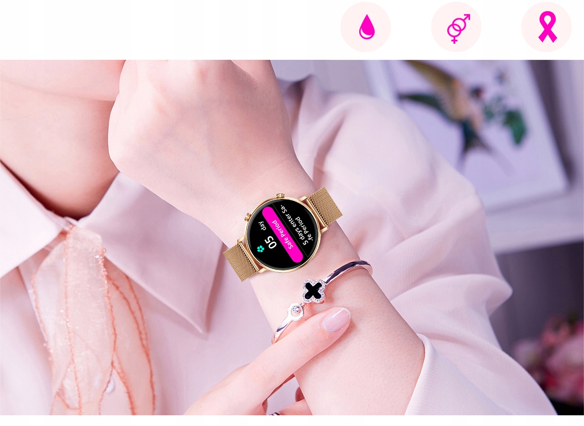 SMARTWATCH ZEGAREK DAMSKI POLSKIE MENU ROZMOWY POWIADOMIENIA SPORT 4 PASKI Kompatybilność systemowa Android iOS