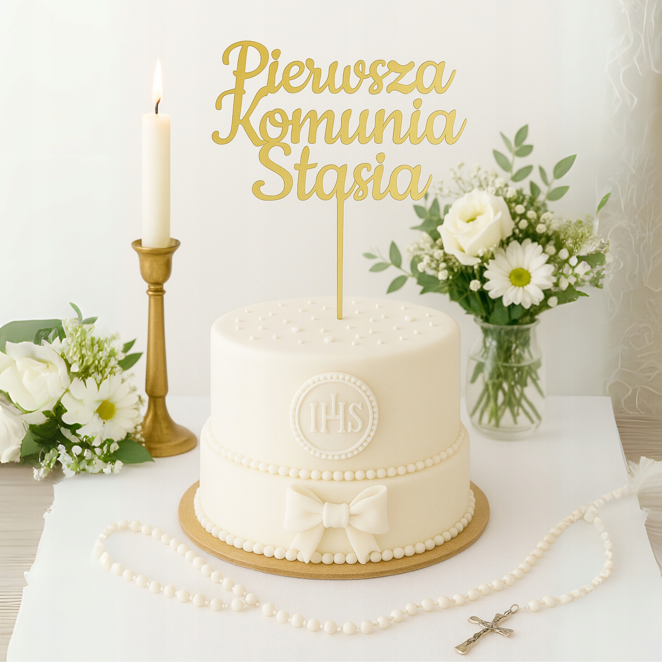 ZŁOTY TOPPER NA TORT NAPIS DEKORACJA URODZINY CHRZEST TOPER DOWOLNY NAPIS Marka Forest Stories