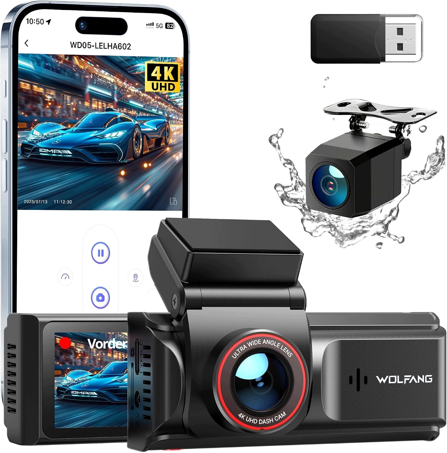 Wolfang Dashcam 4K Predná Zadná WiFi Nahrávanie Pútka Nočné Videnie