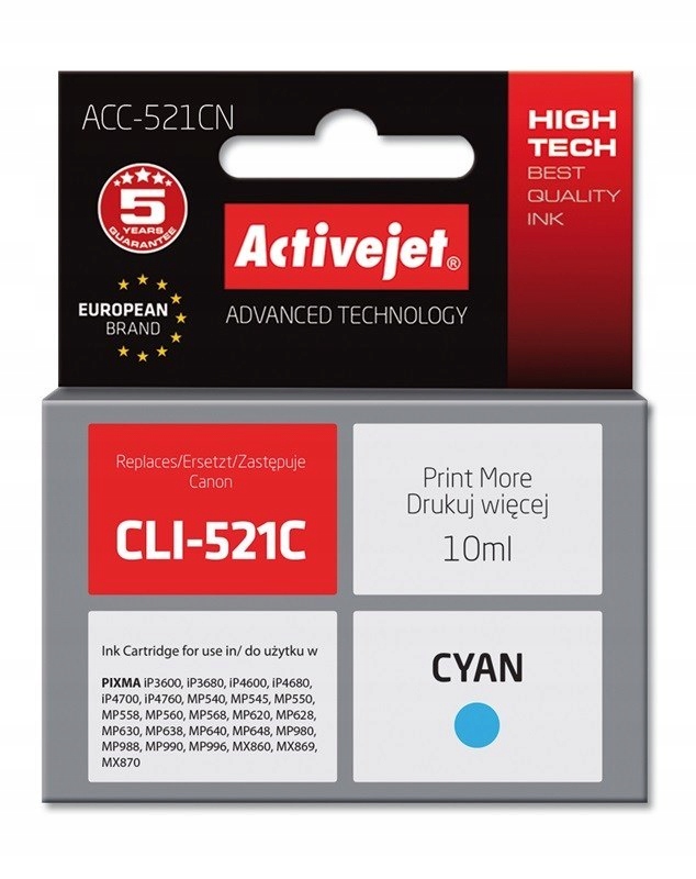 Tusz Activejet ACC-521CN (zamiennik Canon CLI-521C; Supreme; 10 ml; niebies