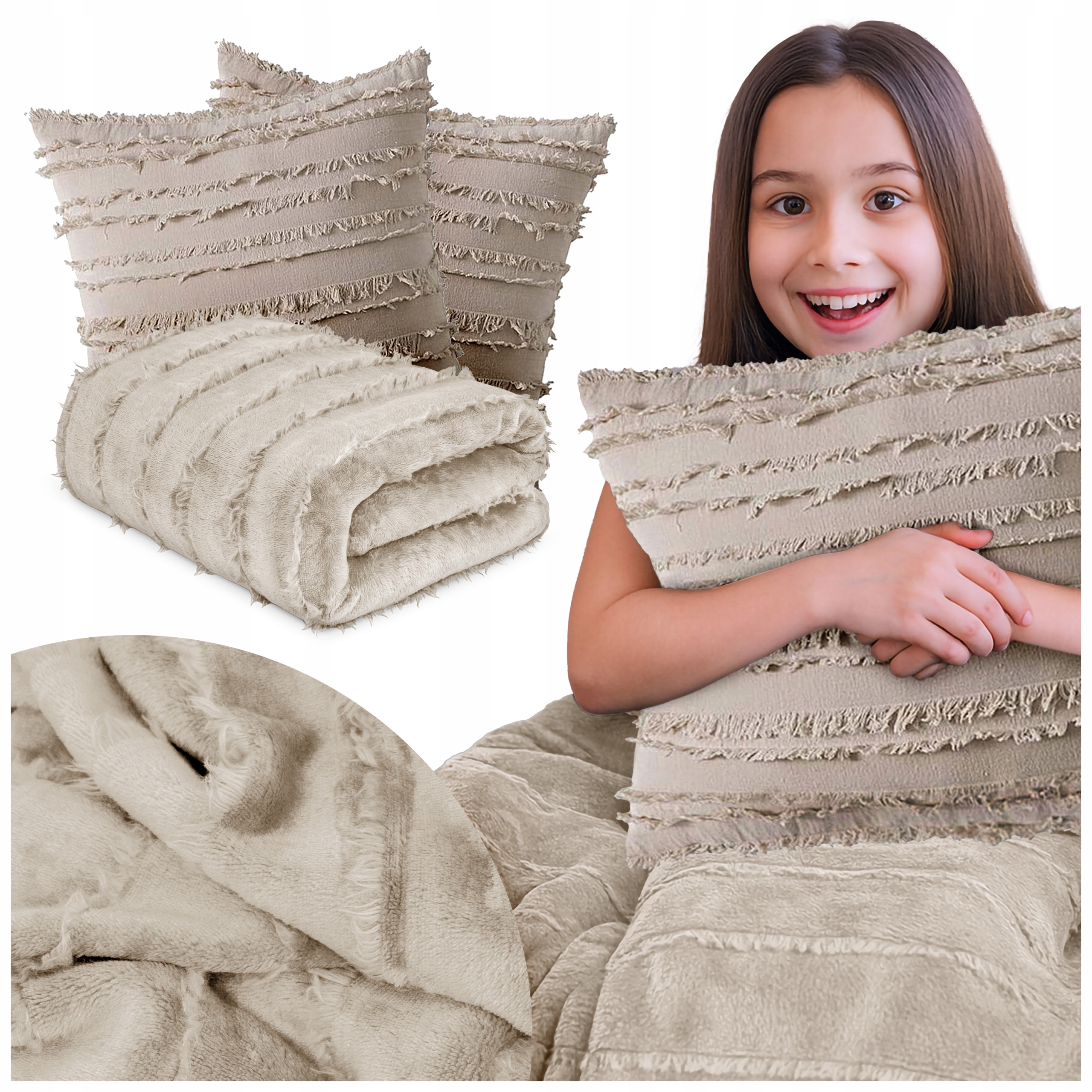 Béžová Deka 150x200 2x Povlak 45×45 Měkký Pro Dítě Do Pokoje A Auta