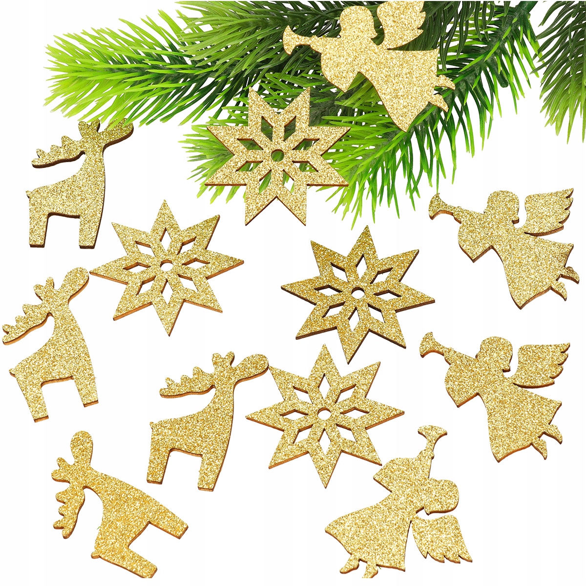 ZŁOTE ANIOŁEK GWIAZDKI BROKATOWE ŚNIEŻYNKI NA STROIK CHOINKĘ DUŻY ZESTAW