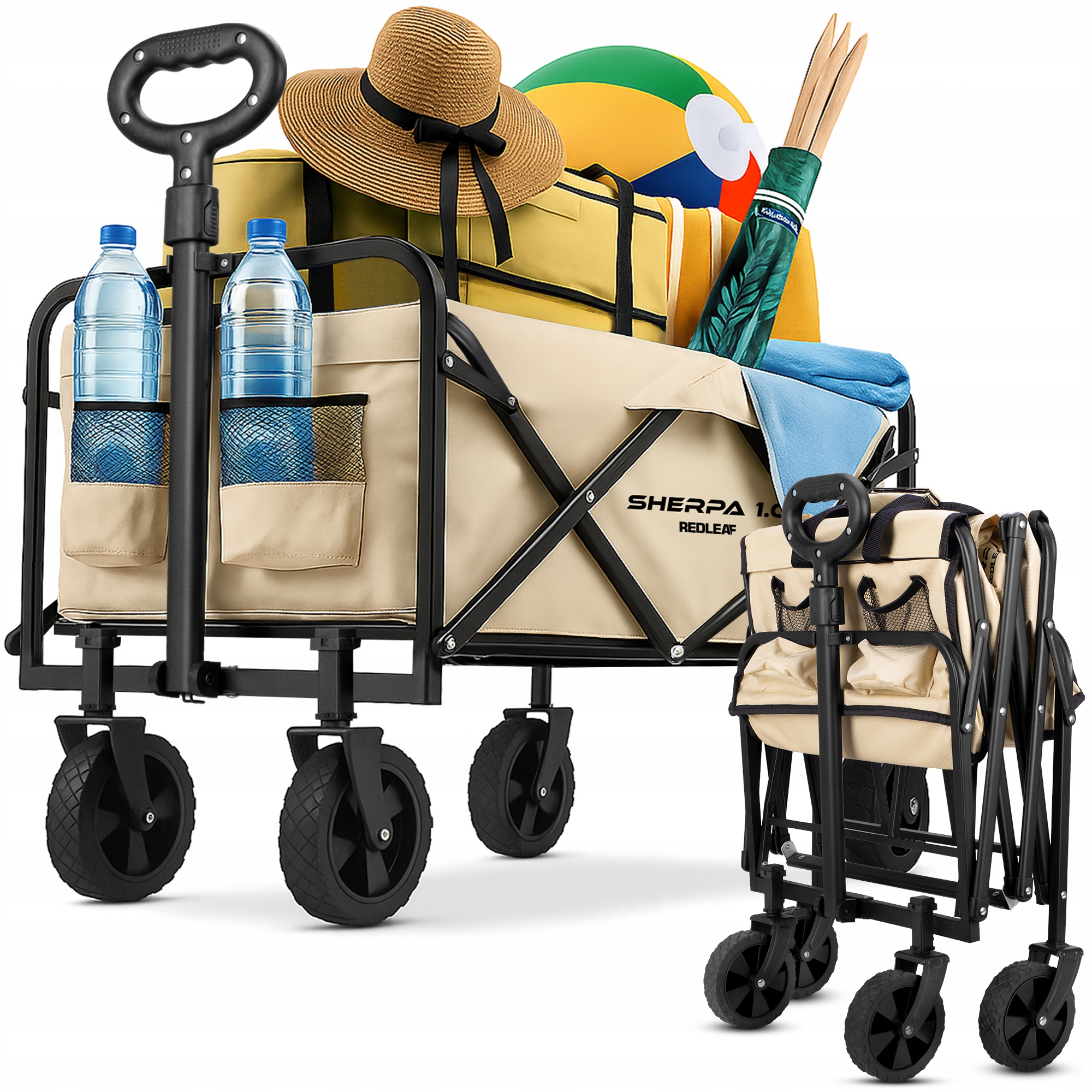 Wózek Turystyczny Plażowy Kempingowy Składany Ogrodowy Kieszenie 100 Kg Beż