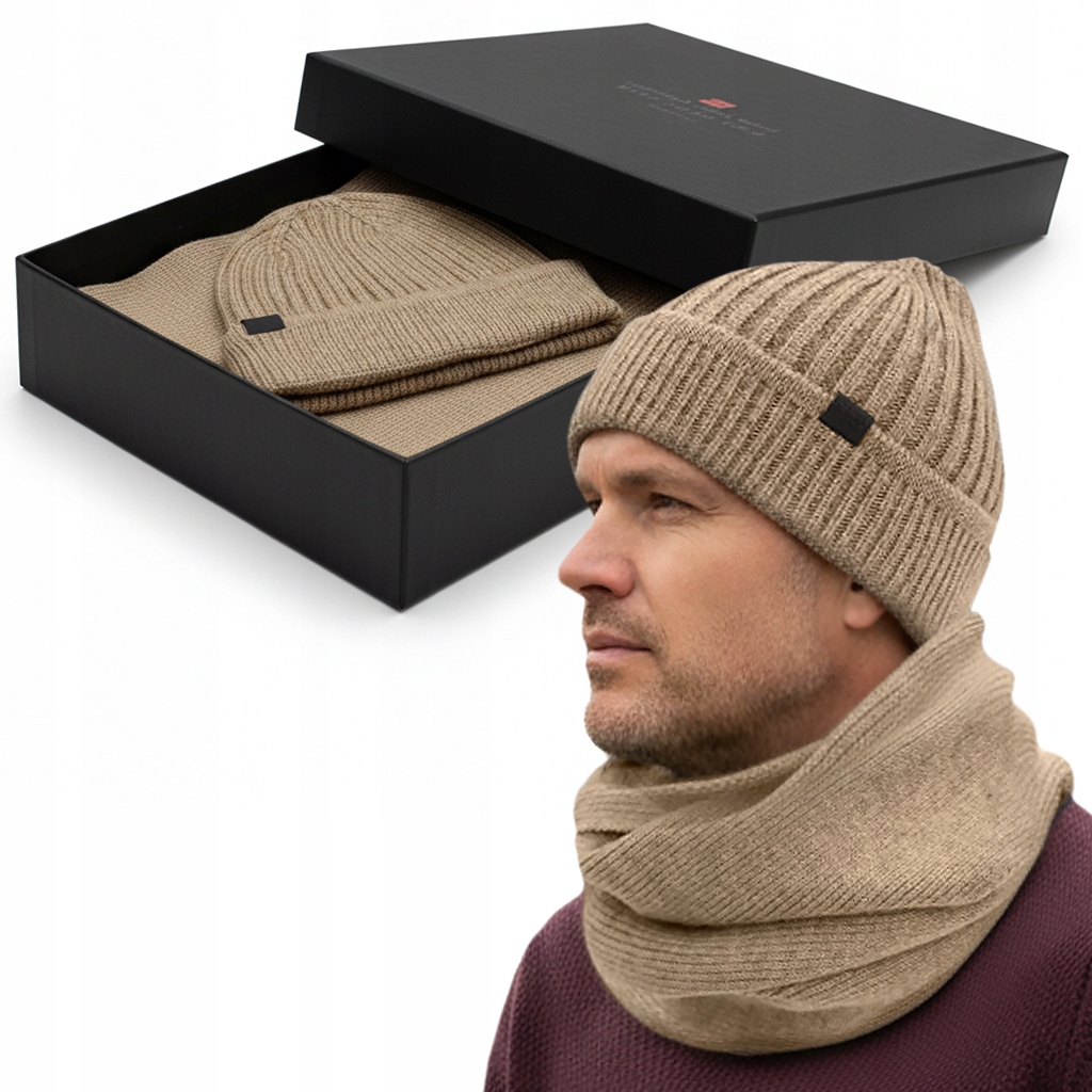 Pánský komplet Čepice Nákrčník Zimní sada na Dárek Béžová Pako Jeans