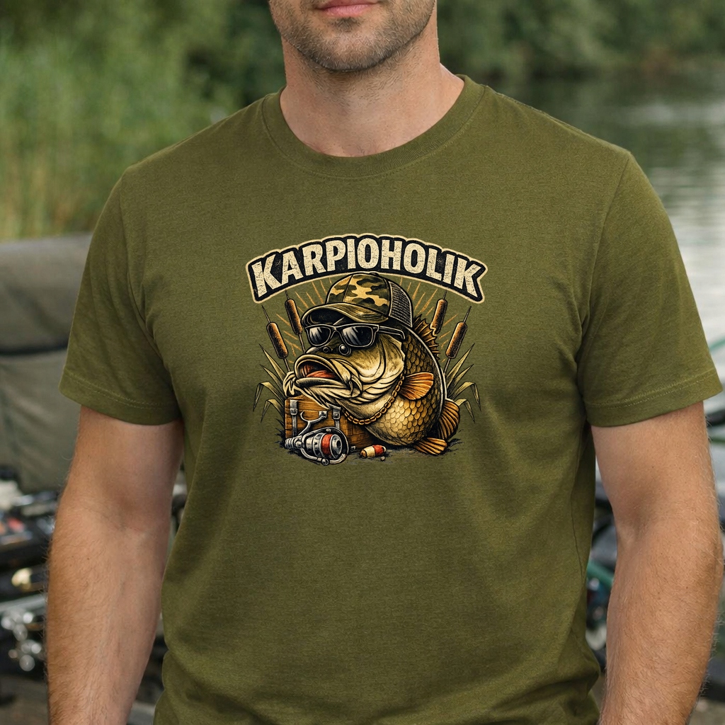 Khaki koszulka dla wędkarza z nadrukiem Karpioholik S