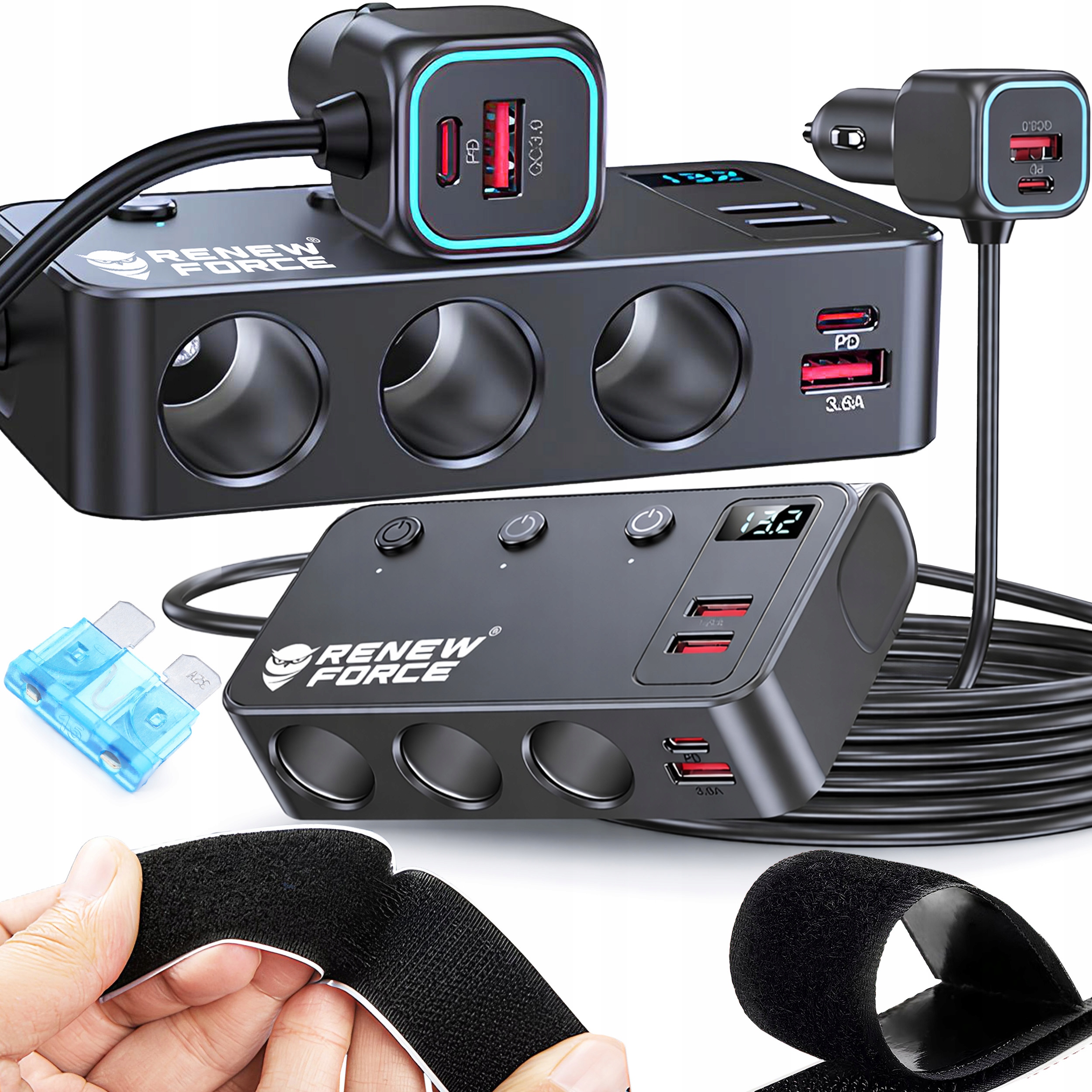 Rozdzielacz Gniazda Zapalniczki Samochodowej Rozgałęźnik 12V-24V 4USB Qc Pd