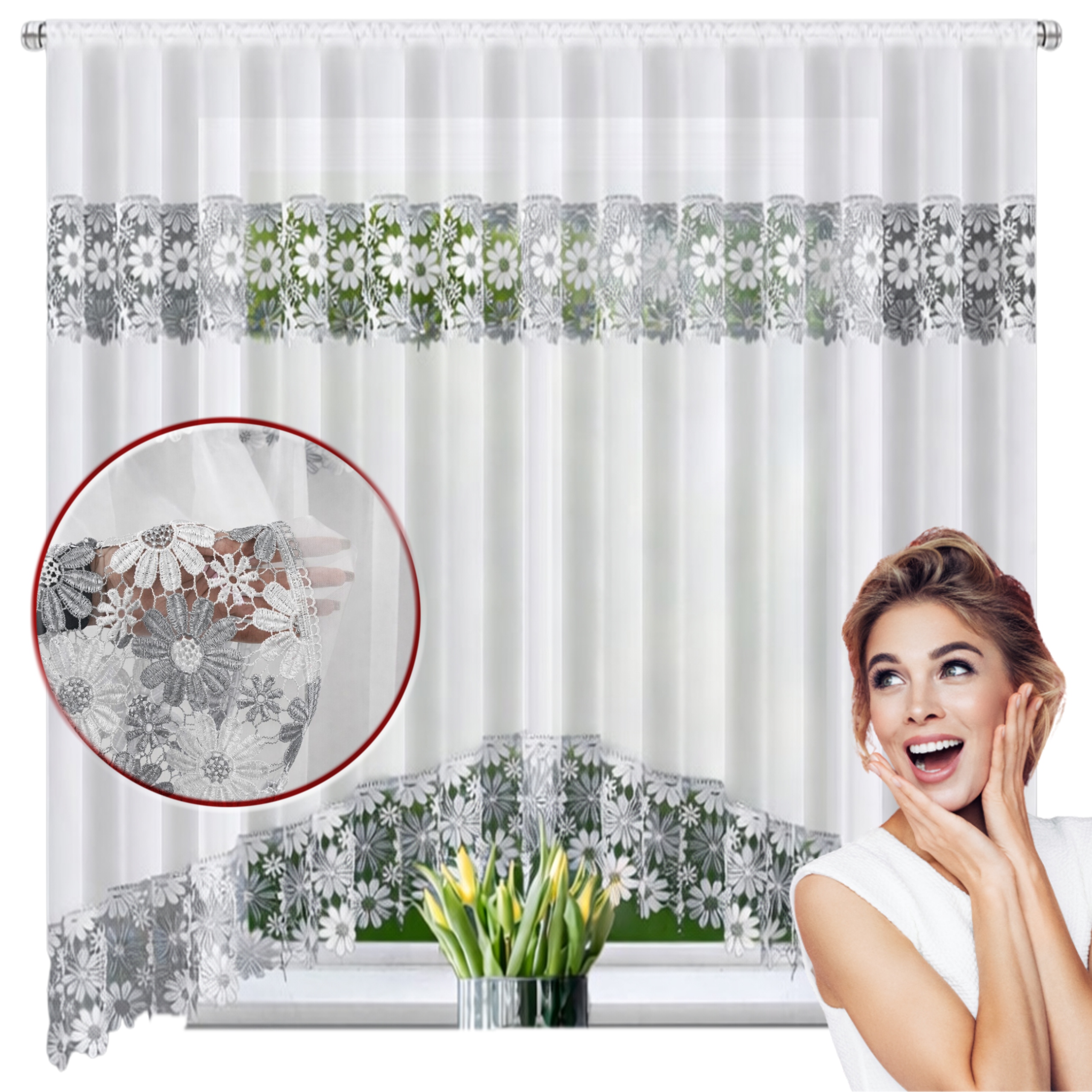 Nowoczesna Firana Biała Gotowa Z Etaminy Biało Szara Gipiura 400x160 CM Łuk