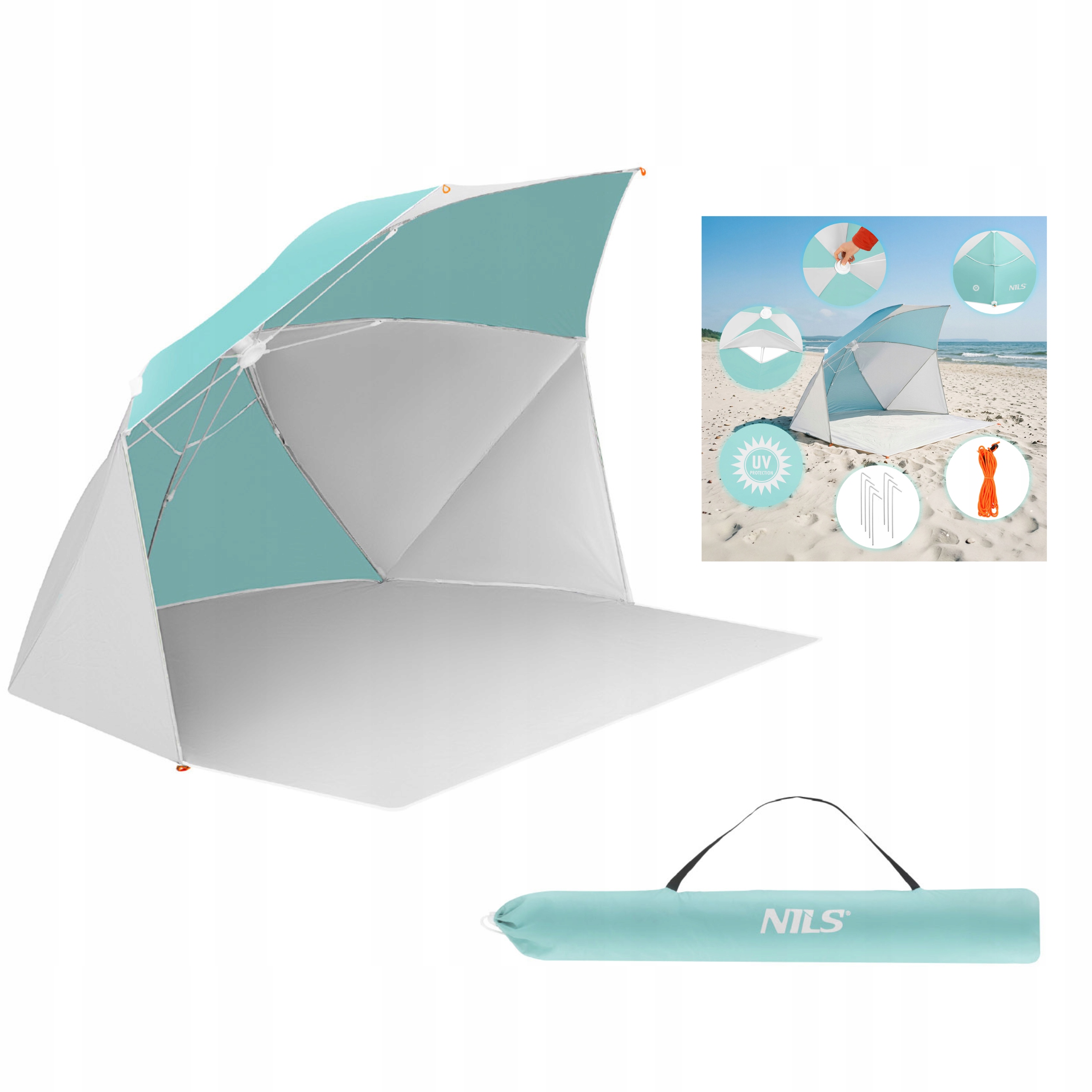 Duży parawan plażowy parasol namiot z podłogą na słońce wiatr Nils