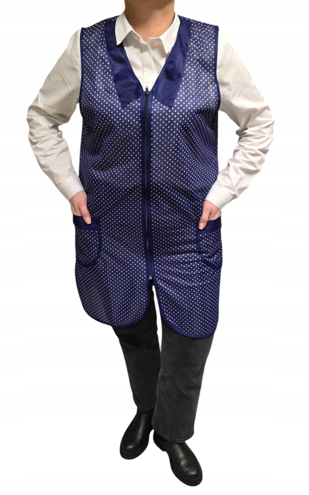 FARTUCH STYLONOWY DAMSKI ZAPINANY NA ZAMEK GRANATOWY APRON