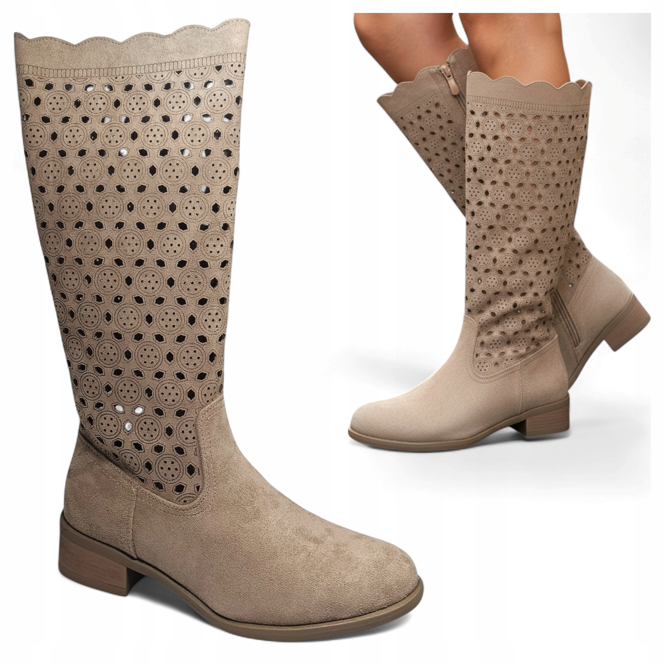 Dámské kozačky Ažurové 40 Kovbojské Boty Semišové Vysoké Módní Béžové Evento