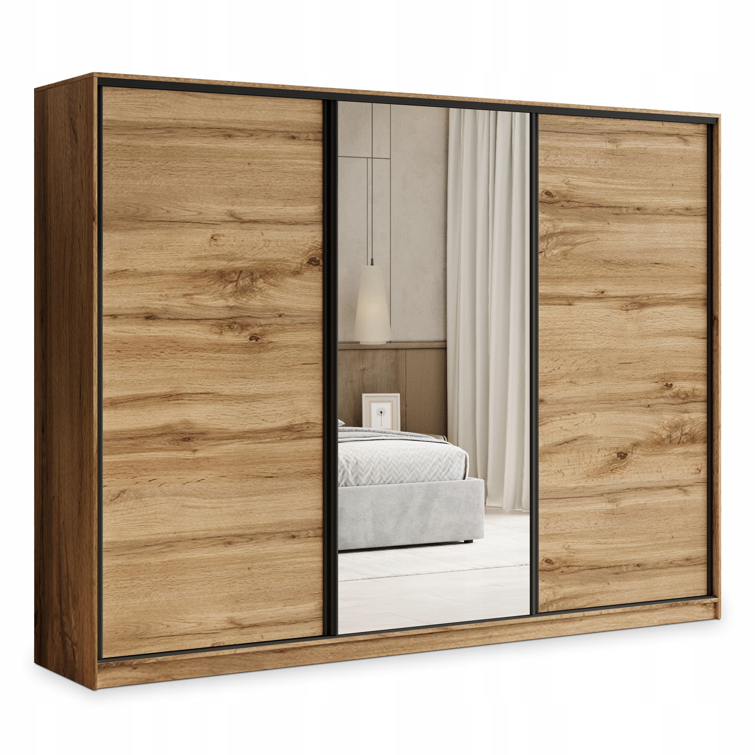 Skříň 250 cm se zrcadlem Třídveřová zásuvka Dub Wotan