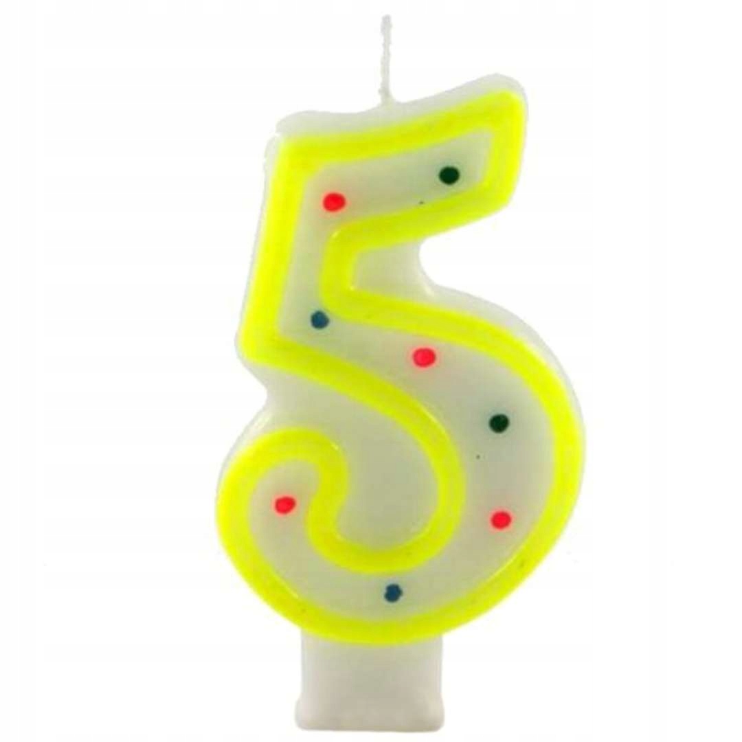 Świeczka na TORT cyfra 5 żółta w KROPKI urodziny