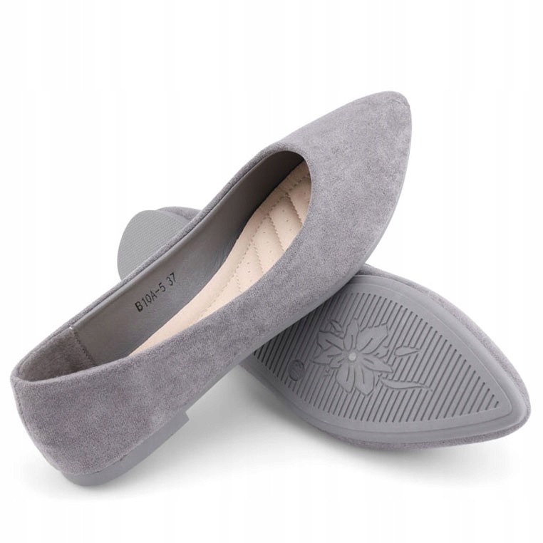 Szare Balerinki Damskie Zamszowe Baleriny Wsuwane Wkł. Ekoskóra