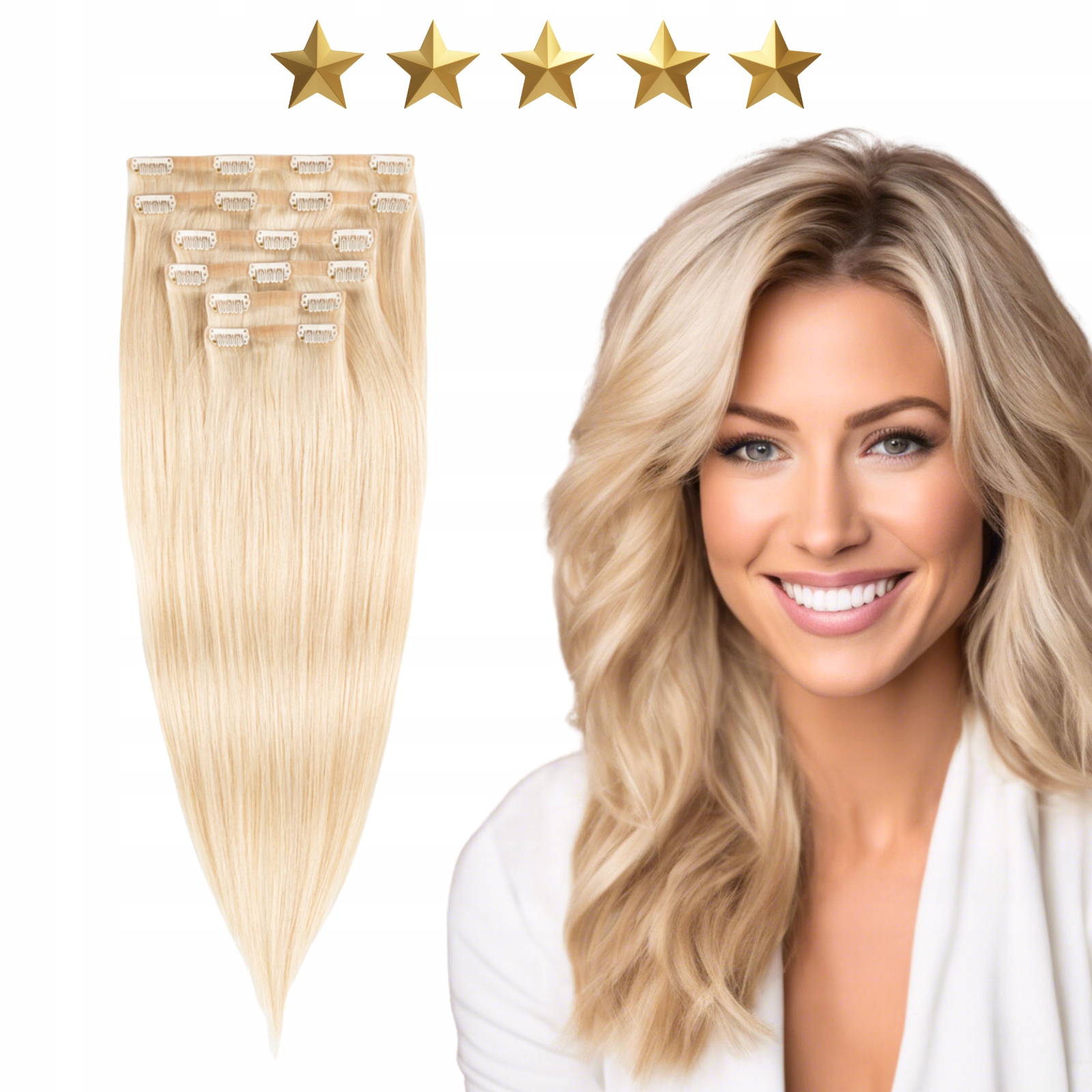 Doczepy na klipsach włosy bezszwowe naturalne 50 cm 120g #60 jasny blond