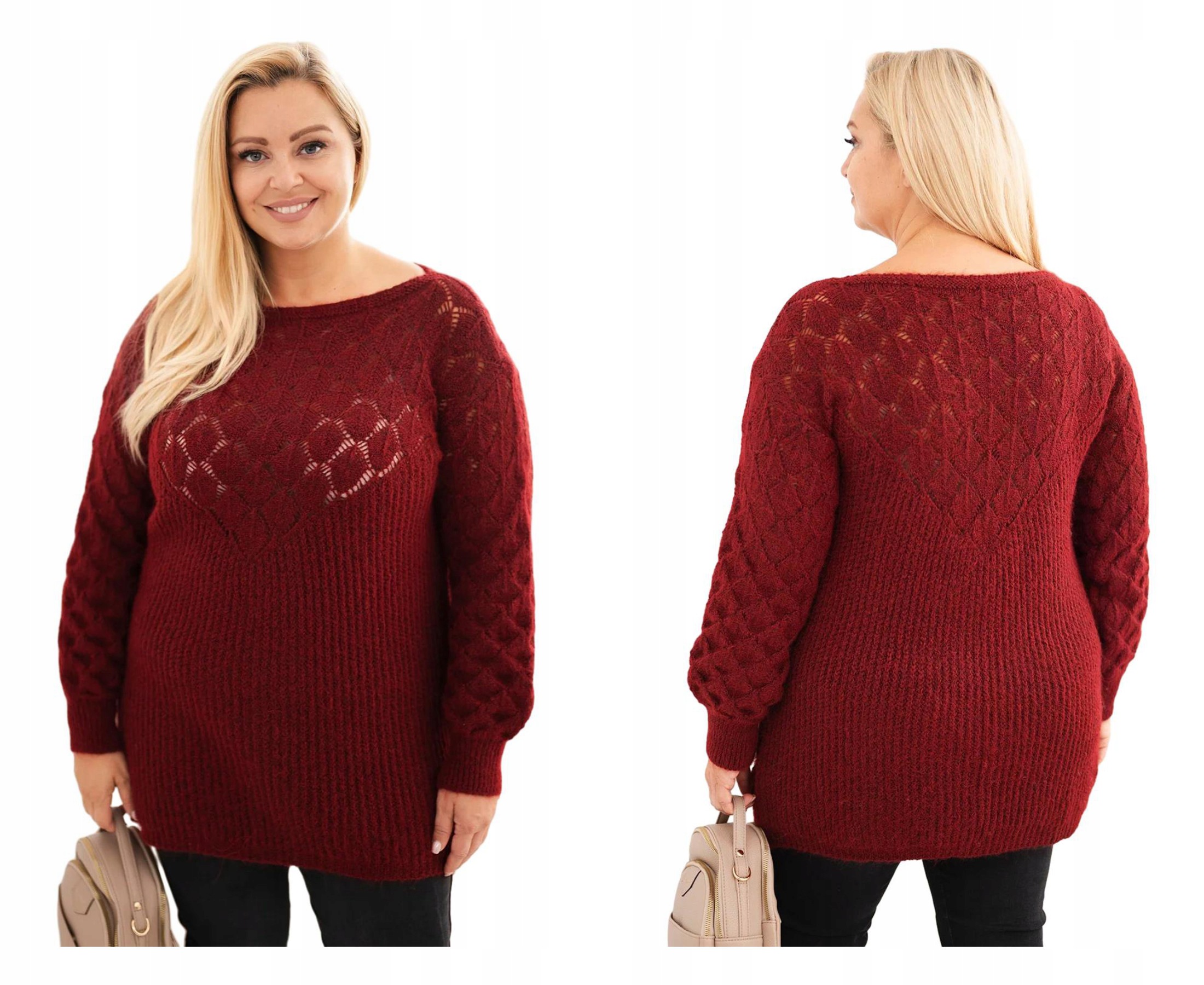 Dámský svetr plus size, dlouhý, ažurový, s příměsí vlny, italský design, vínový