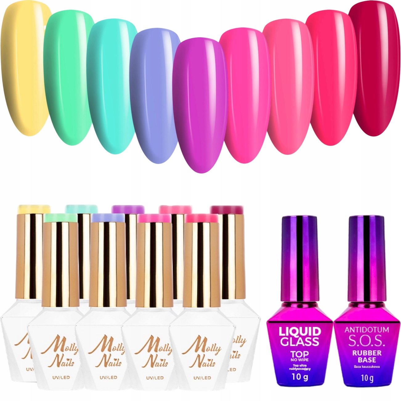 9x Hybridní lak Mollynails 8g Sorbet Základ Top Set Jarní