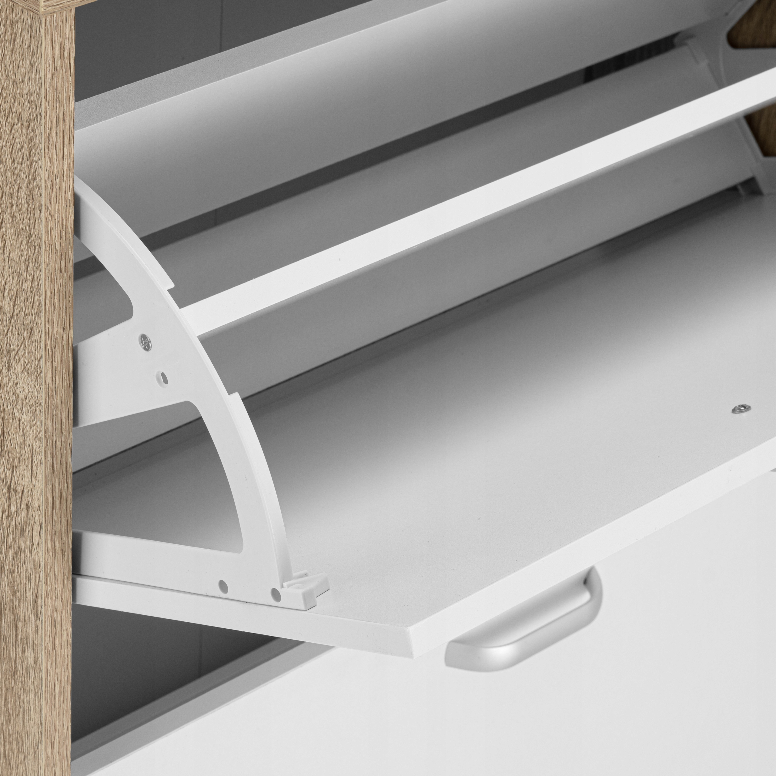 SZAFKA NA BUTY OBUWIE WĄSKA BIAŁA DĄB SONOMA Z REGAŁEM PÓŁKI DO PRZEDPOKOJU Wysokość mebla 90 cm