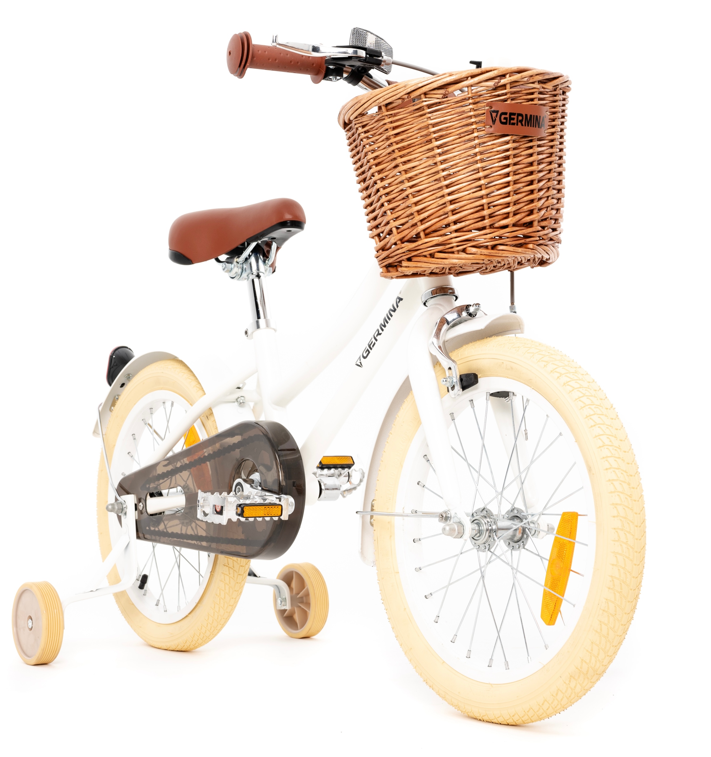 Rowerek dziecięcy dla dziewczynki vintage 16 biały z koszykiem i kółkami