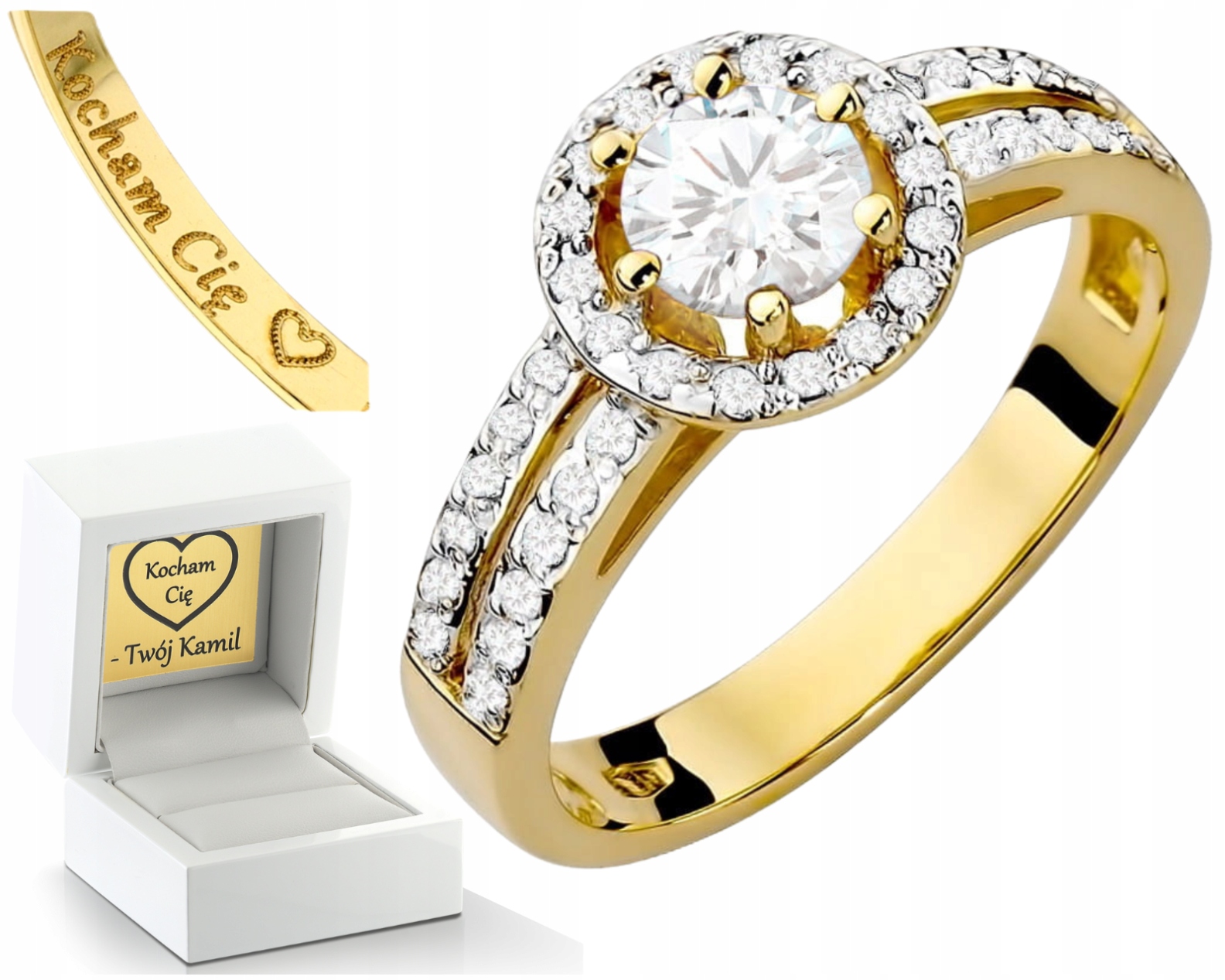 Zásnubní Prstýnek Bílý Safír Diamanty Žluté Zlato 585