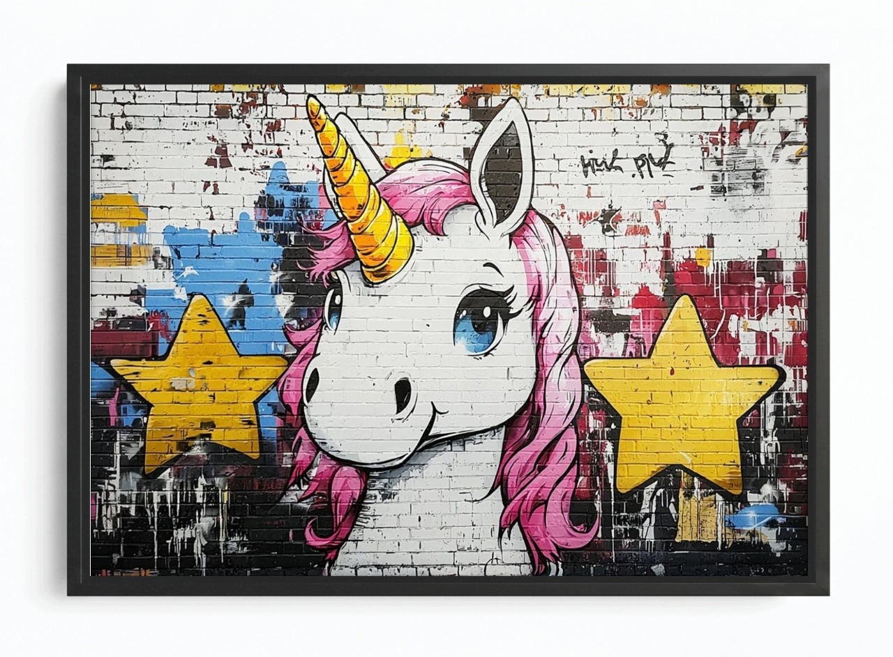 Obraz Rám American Box Cihlová Stěna Graffiti Jednorožec Koník Pohádka 120x80