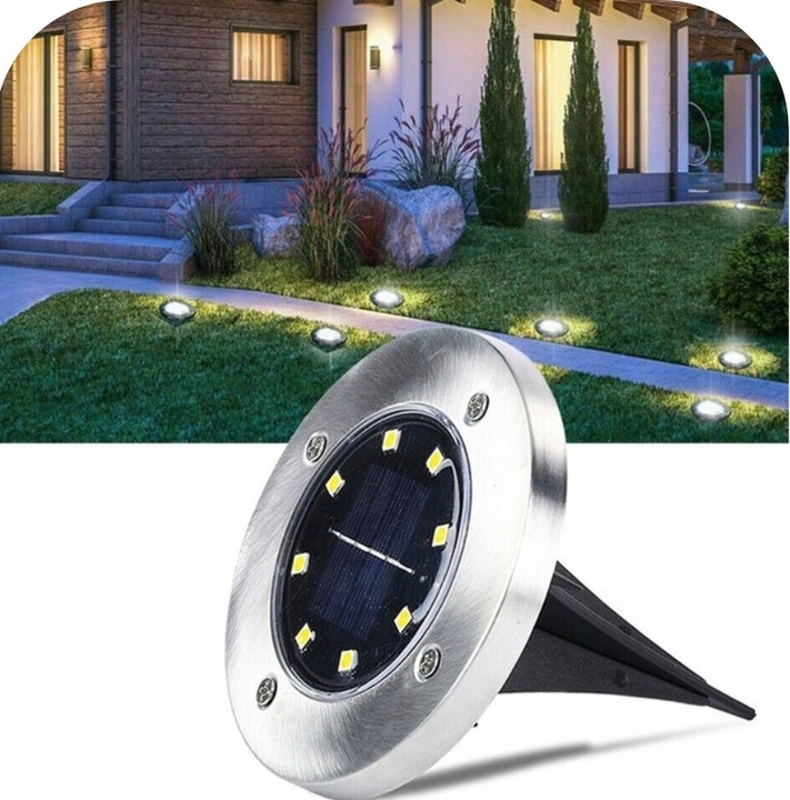 LAMPA SOLARNA OGRODOWA LAMPKI LED GRUNTOWE DYSK CZUJNIK ZMIERZCHU 4 X DYSK Średnica/szerokość 11.6 cm