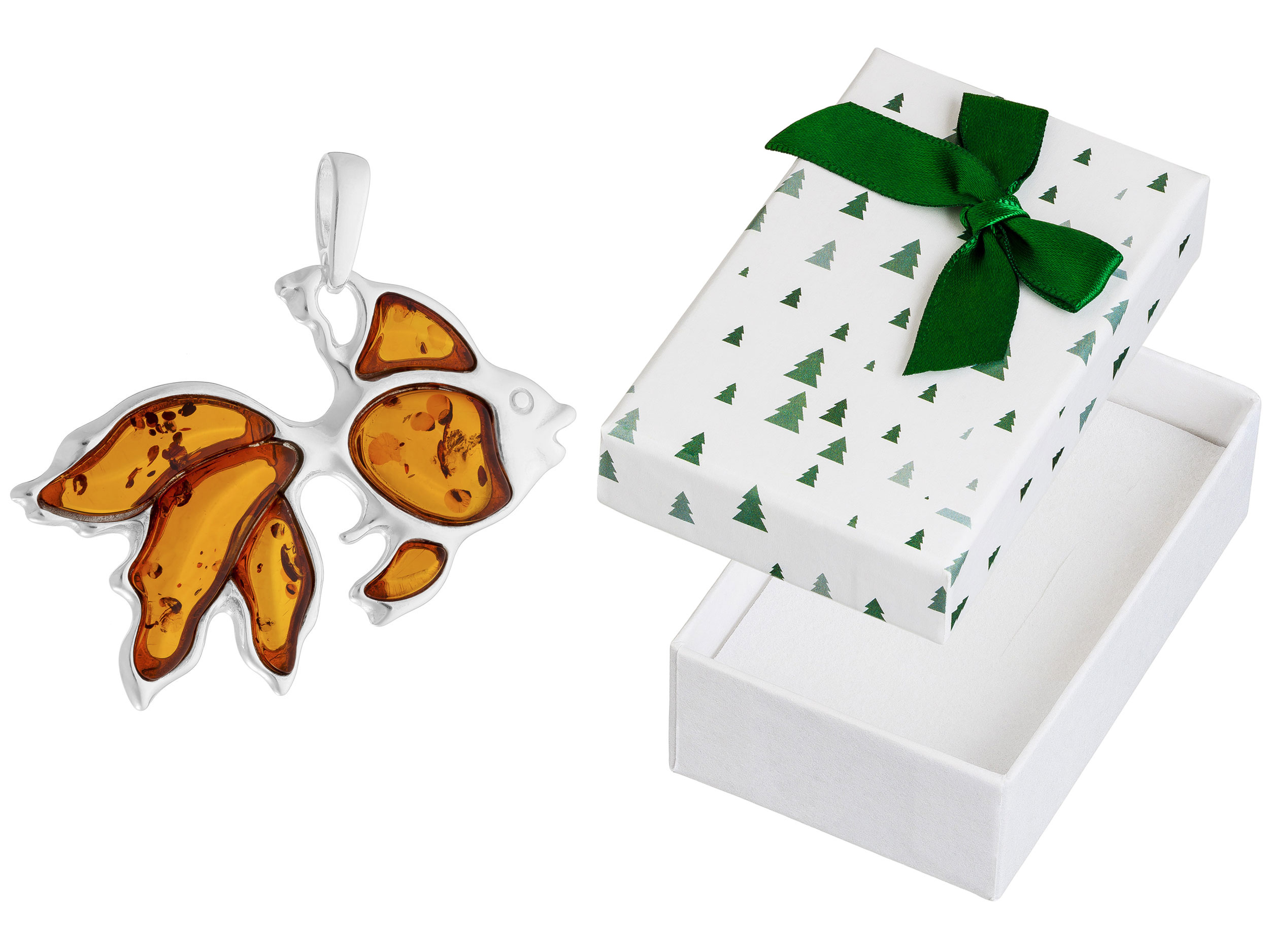 Stříbrný Přívěsek s jantarem Zlatá rybka Přívěsek Stříbrná ryba Stříbro 925