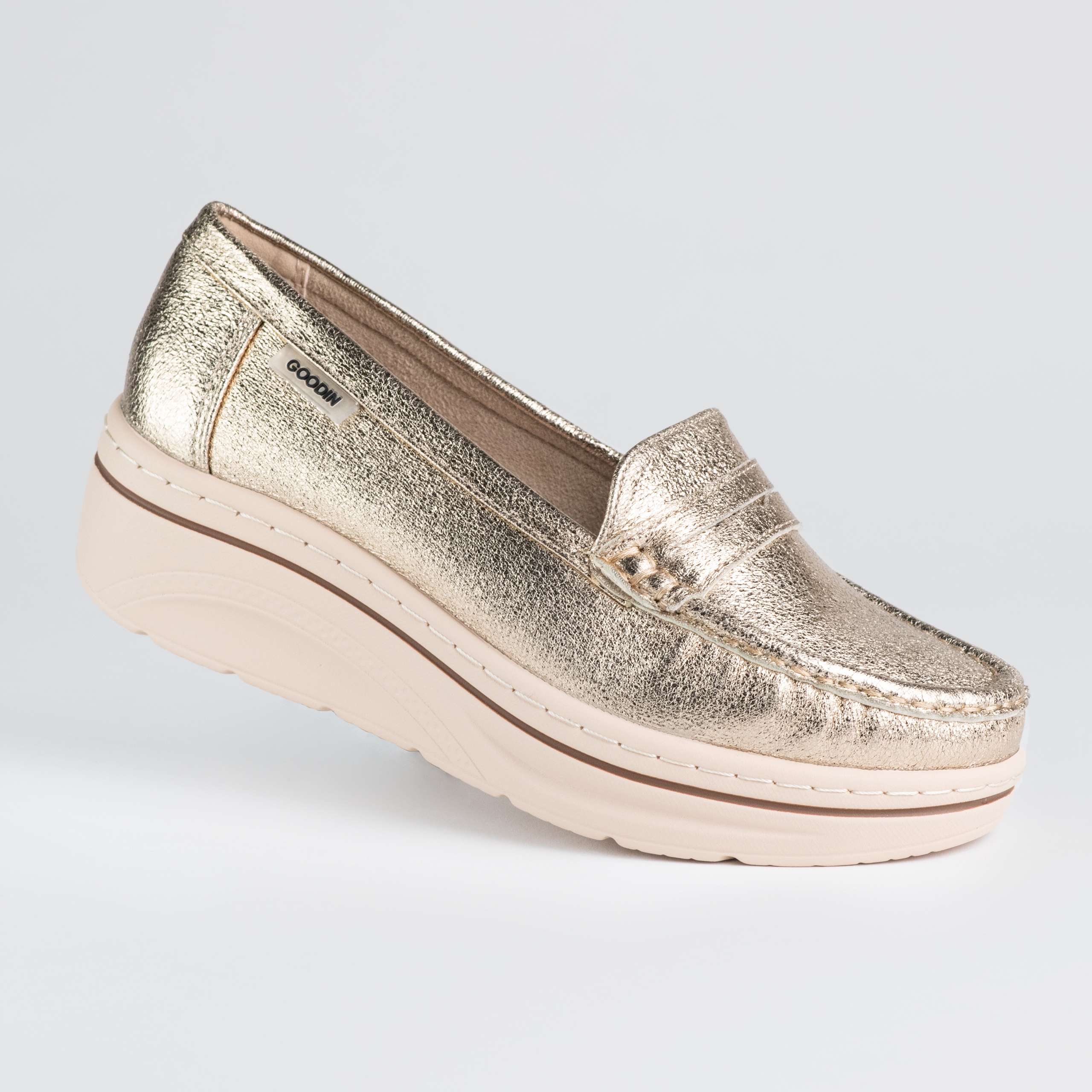 Dámské mokasíny z kůže Goodin GD-FL6077 zlaté, lehké, klasické, pohodlné 39