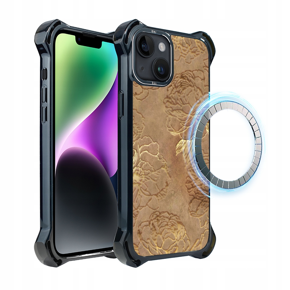 Pouzdro pro iPhone 14 Plus Ibizu DropGuard Ultra s MagSafe, zlaté pivoňky