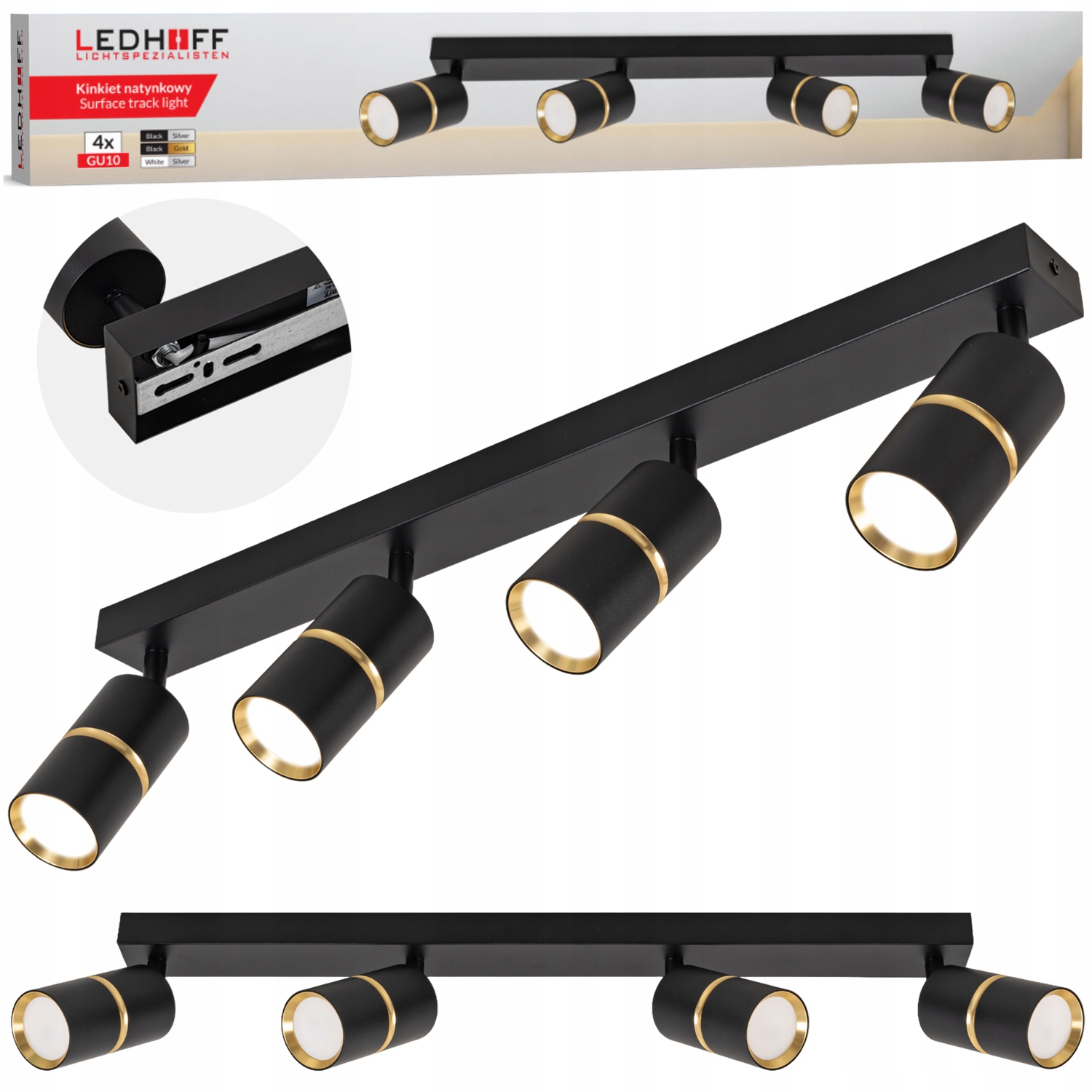 stropní svítidlo Led Spot kolejnice, halogenová lampa 4x GU10 Tuba Černá zlatá